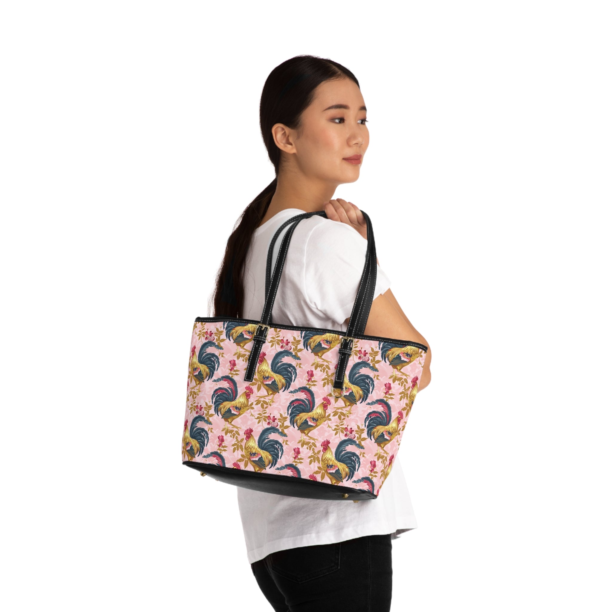 Pink Floral Rooster Chicken Print Leather Shoulder Bag – Farmhouse Chicken Tote, Cute Hen Pattern Purse, Farm Life Handbag, Backyard Chicken Lover Bag
