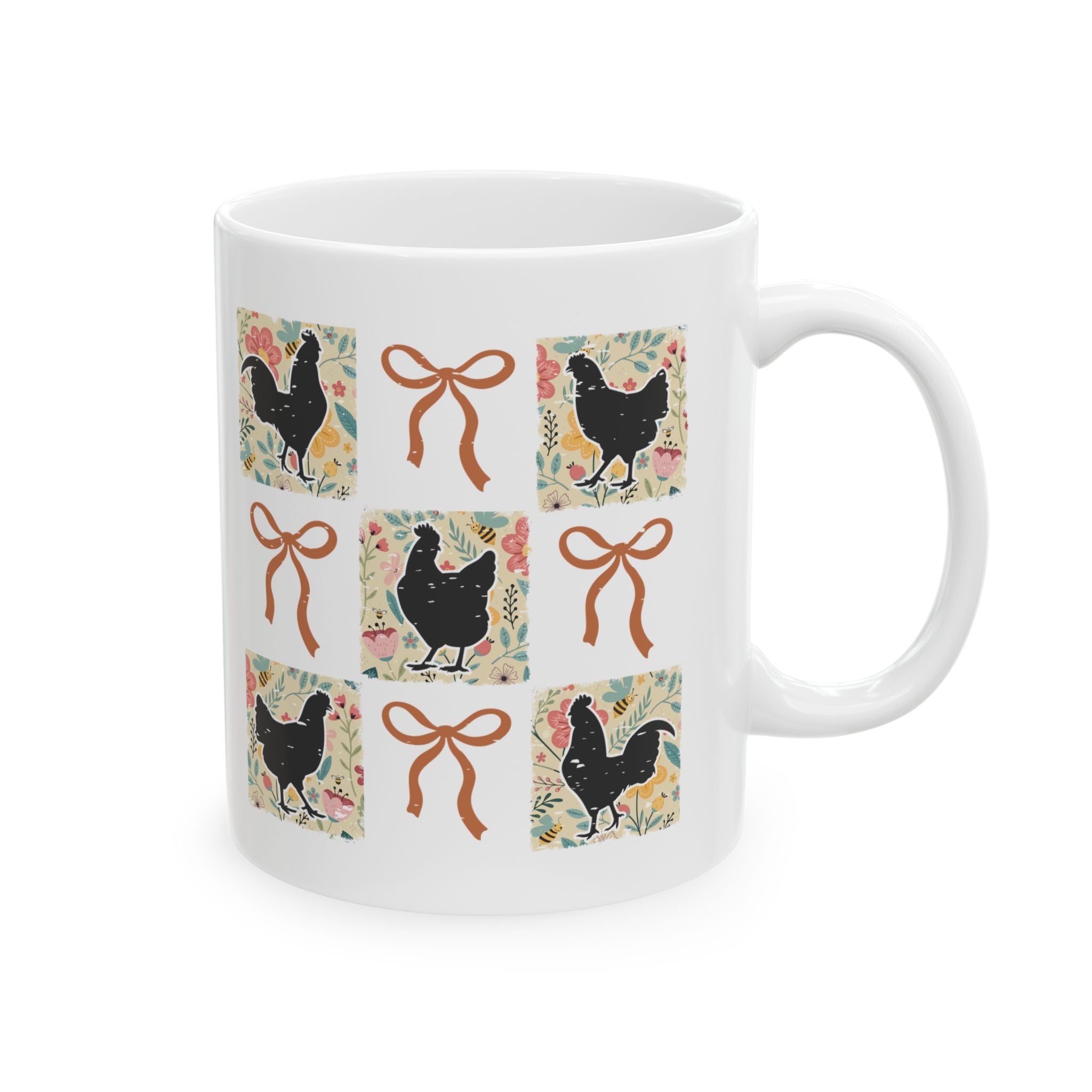 Patchwork Chicken Ceramic Mug – Cottagecore Farmhouse Chicken Coffee Cup, Chicken Mom Mug (11oz, 15oz)