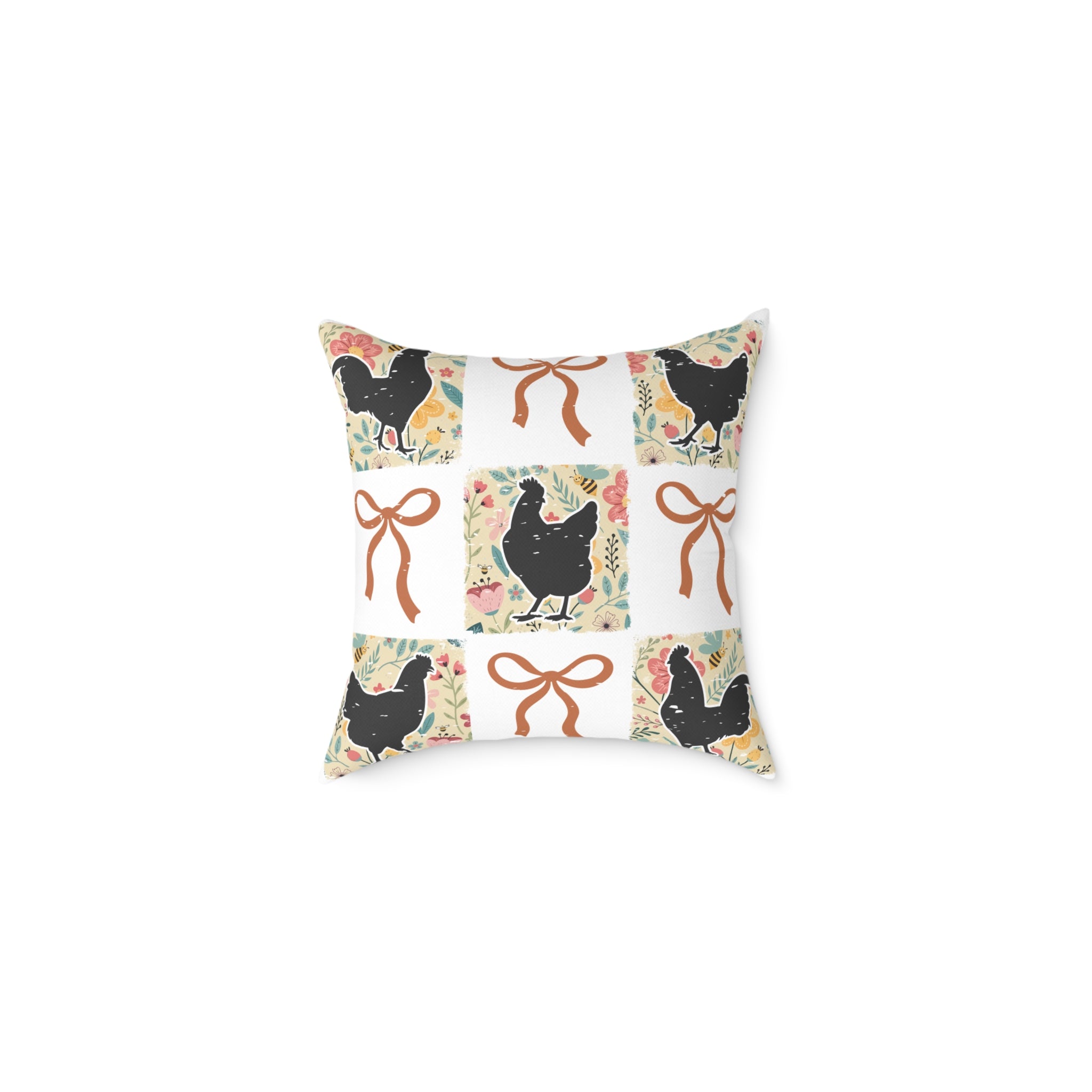 Cottagecore Chicken Patchwork Throw Pillow – Farmhouse Chicken & Bow Decor Cushion, Cozy Country Homestead Accent Pillow