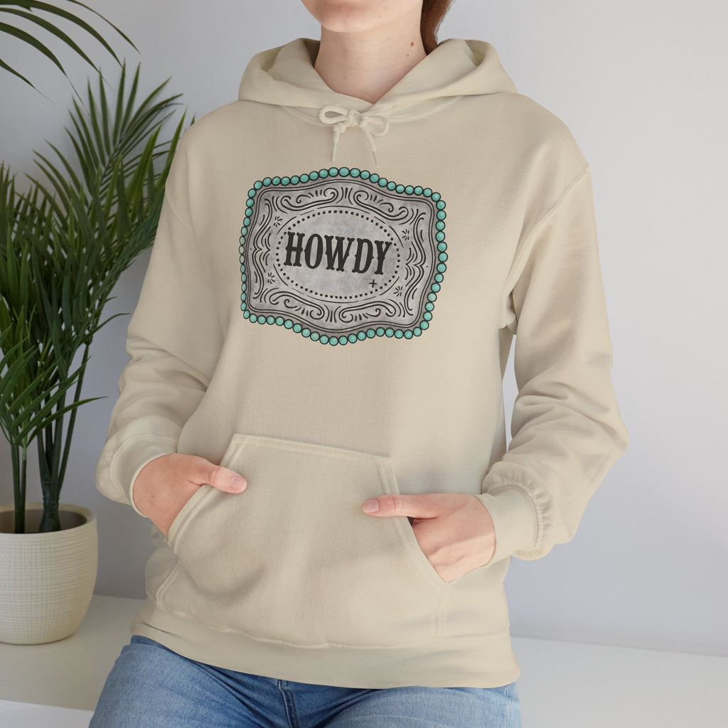 Howdy Turquoise Beaded Rodeo Belt Buckle Hoodie – Unisex Farmhouse Western Sweatshirt | Country Homestead Apparel