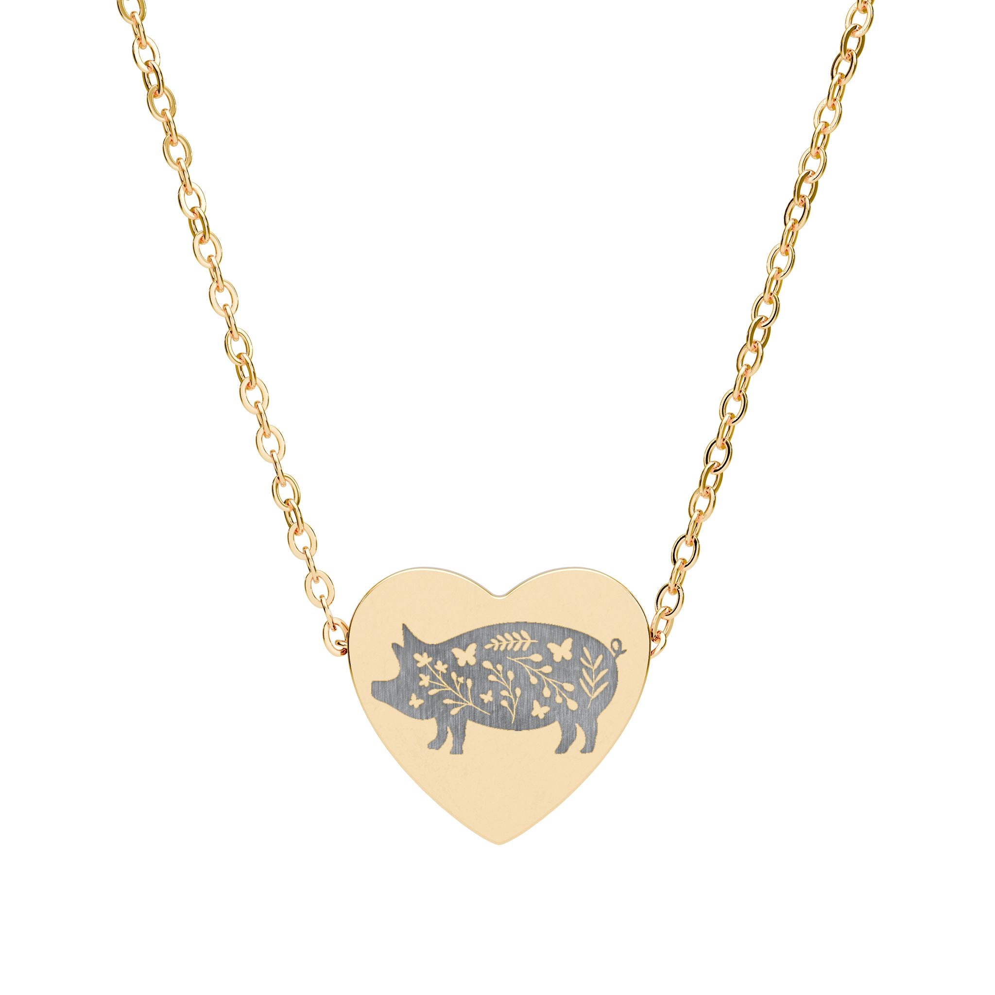 Floral Pig Heart Necklace – Farm Pig Jewelry, Pig Lover Gift, Homestead Necklace, Mini Pig Pendant, Farm Animal Jewelry, Stainless Steel Engraved Heart Necklace