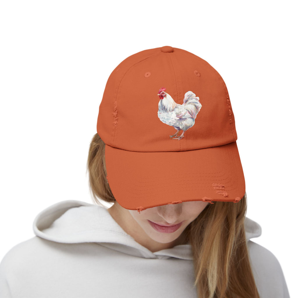 White Rooster Distressed Baseball Cap – Vintage Chicken Hat, Leghorn-Style Rooster, Farmhouse Poultry Cap, Backyard Chicken Keeper Gift