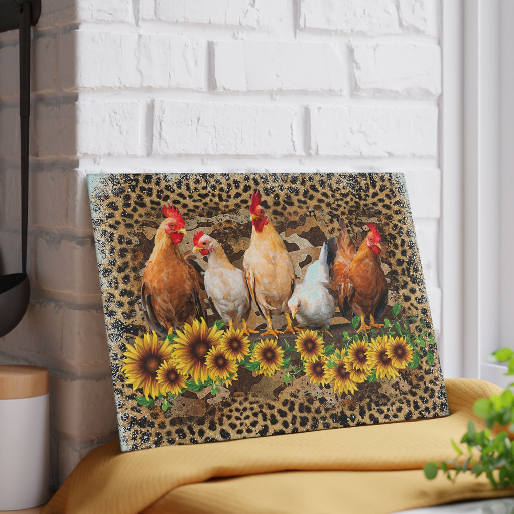 Chicken Flock Glass Cutting Board – Farmhouse Sunflower Chicken Kitchen Decor, Leopard Print Farm Cutting Board, Rustic Country Homestead Kitchen Gift