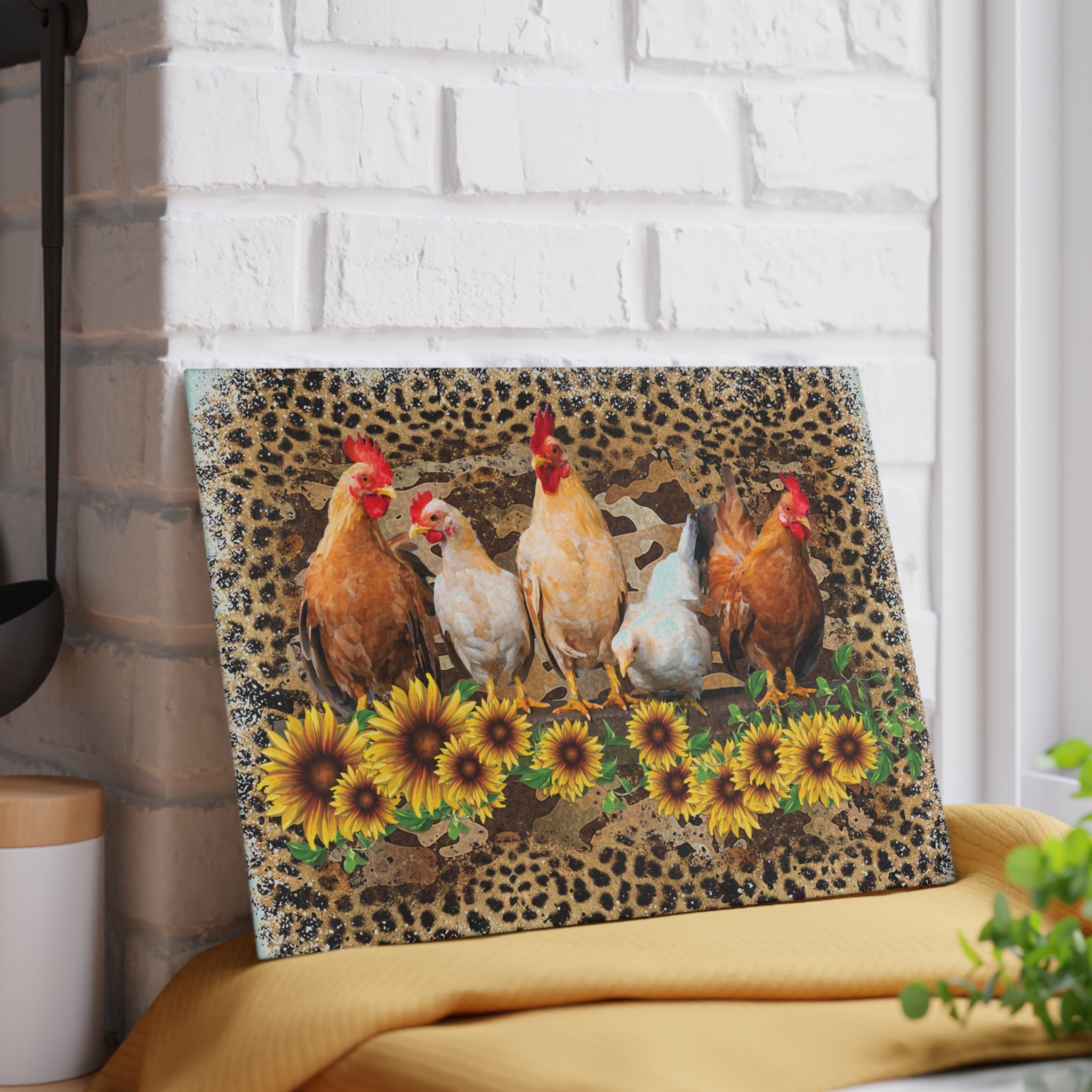 Chicken Flock Glass Cutting Board – Farmhouse Sunflower Chicken Kitchen Decor, Leopard Print Farm Cutting Board, Rustic Country Homestead Kitchen Gift