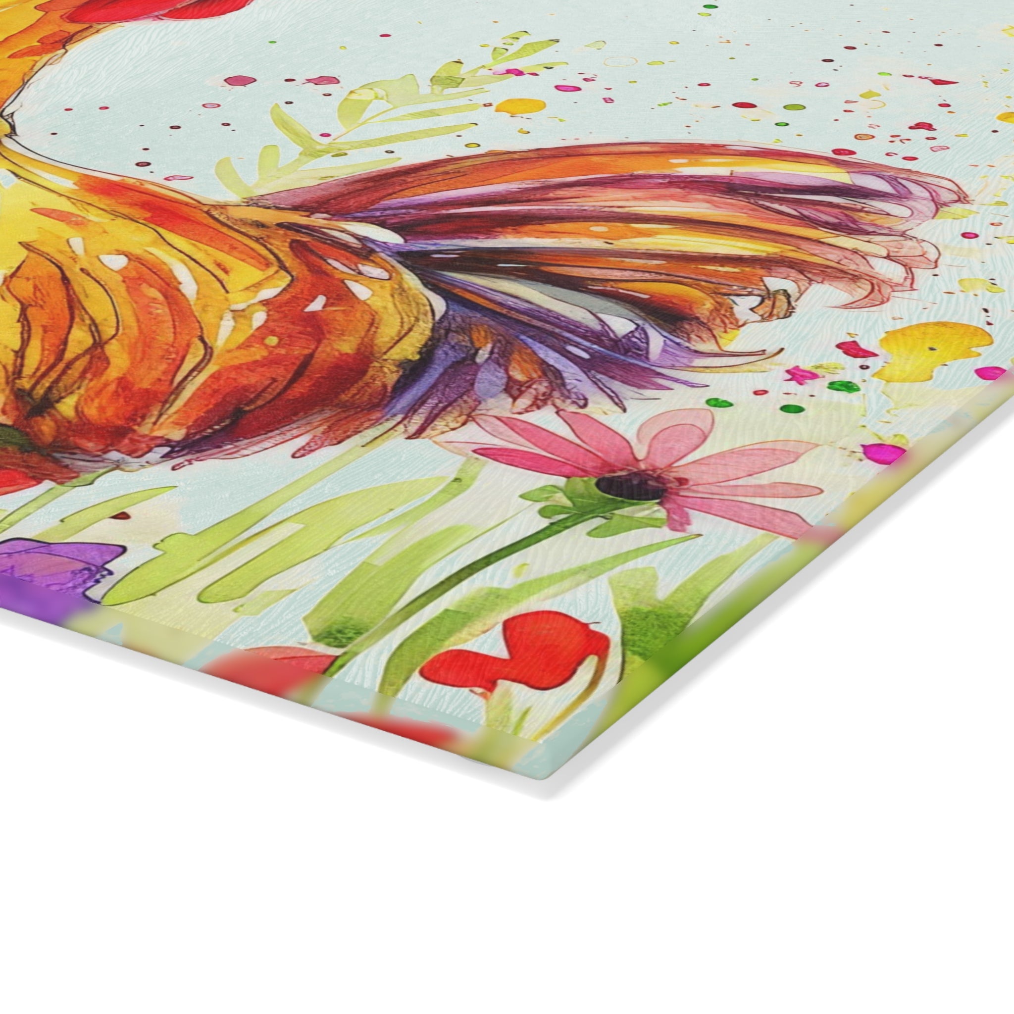 Floral Chicken Glass Cutting Board – Farmhouse Kitchen Decor, Colorful Chicken Counter Protector, Homestead Gift