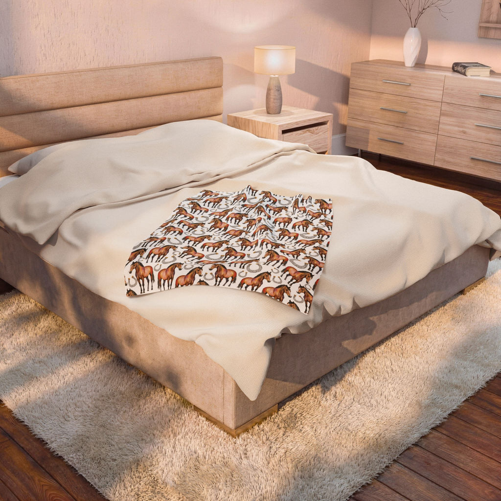 Western Horse Plush Blanket | Horse & Horseshoe Throw | Farmhouse Western Decor | Cozy Ranch Style Blanket | Horse Lover Gift | Gumpert Homestead