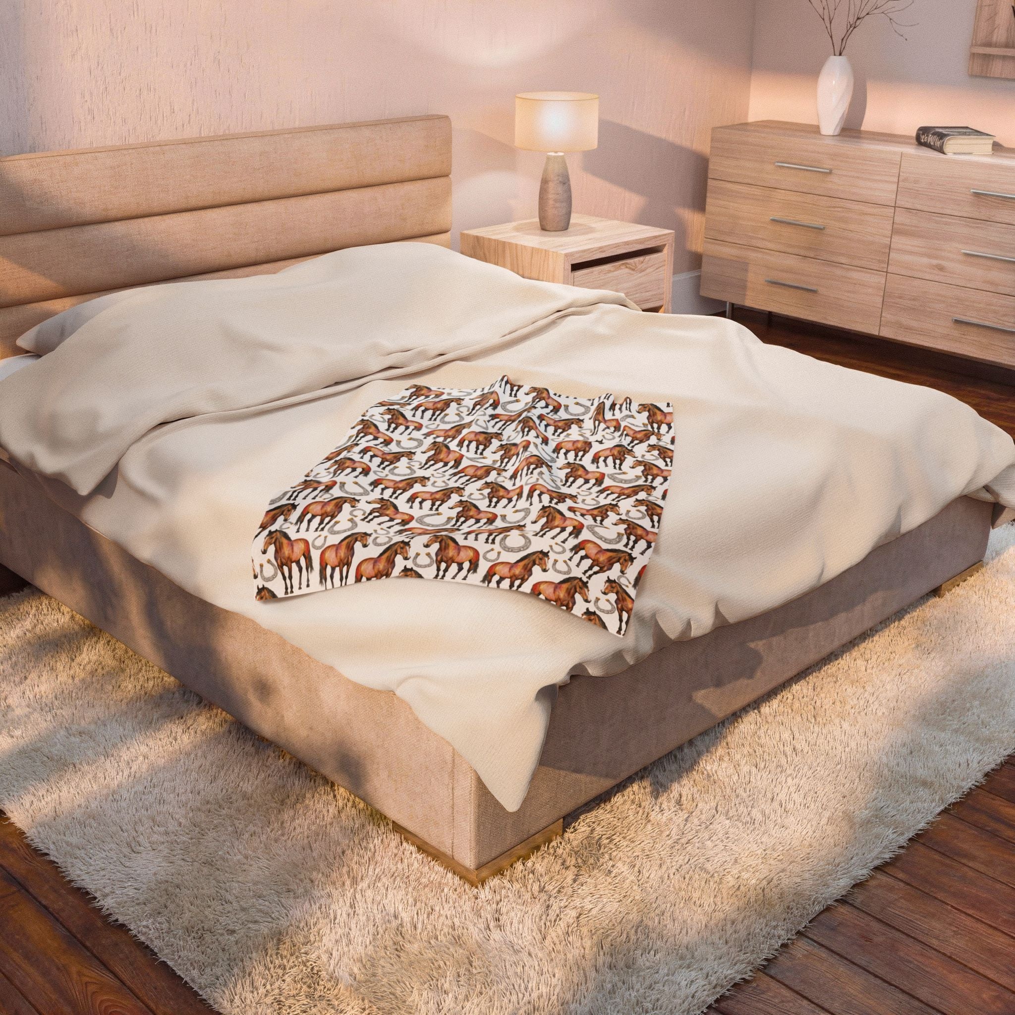 Western Horse Plush Blanket | Horse & Horseshoe Throw | Farmhouse Western Decor | Cozy Ranch Style Blanket | Horse Lover Gift | Gumpert Homestead