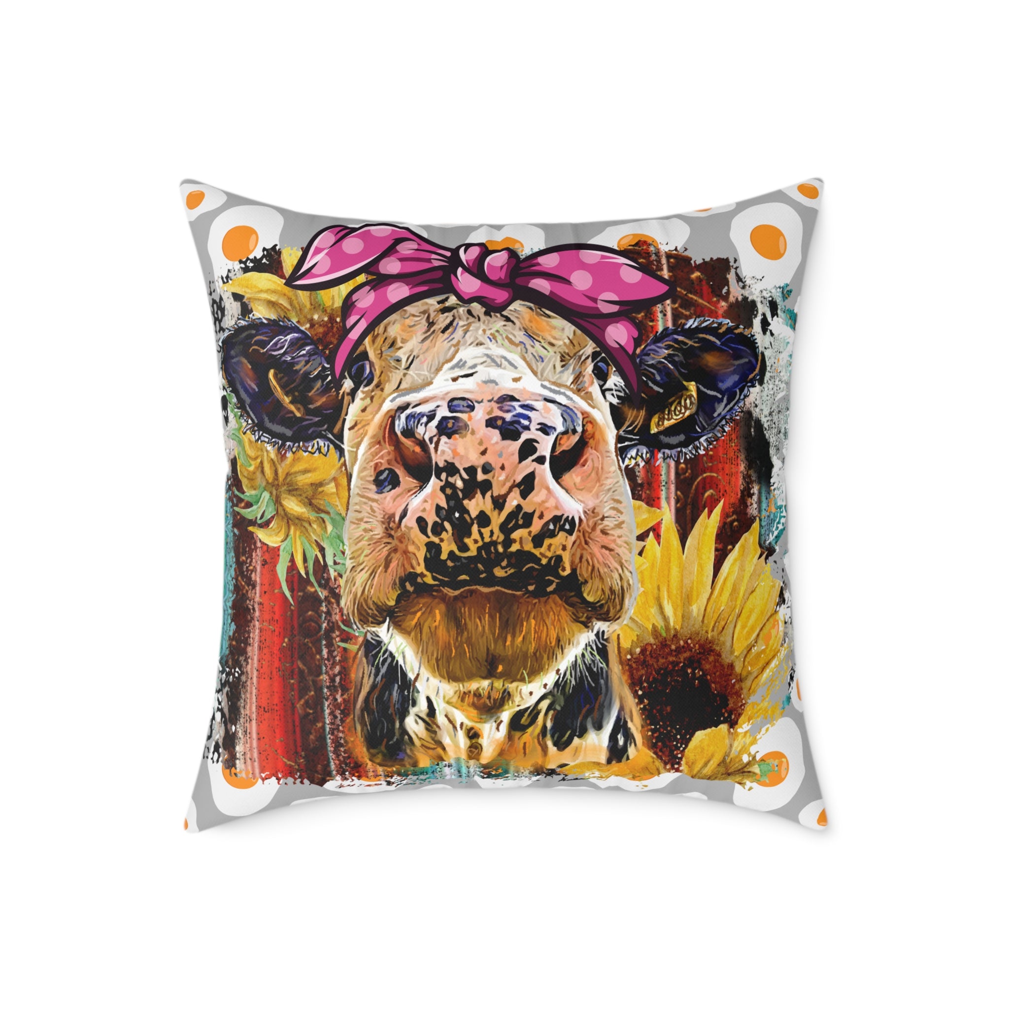 Funny Cow Throw Pillow | Farmhouse Cow Accent Pillow | Sunflower Highland Cow Decor Cushion | Rustic Country Home Decor | Gumpert Homestead