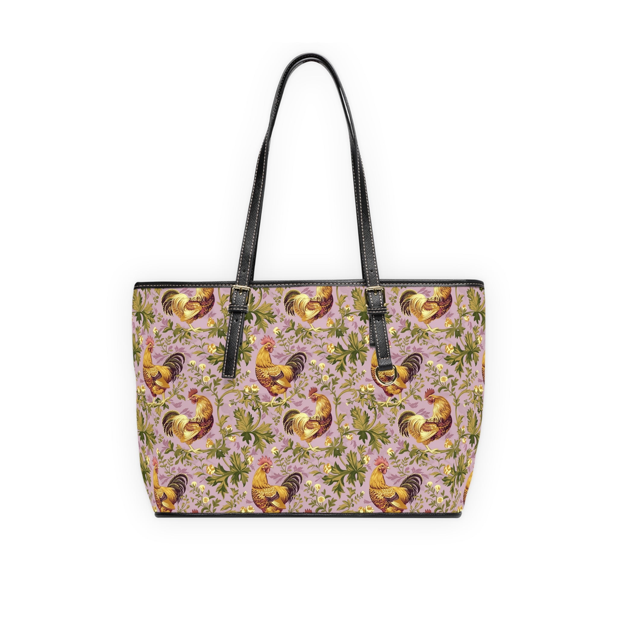 Lavender Botanical Chicken Print Leather Shoulder Bag – Farmhouse Chicken Tote, Cute Hen Pattern Purse, Farm Life Handbag, Backyard Chicken Lover Bag