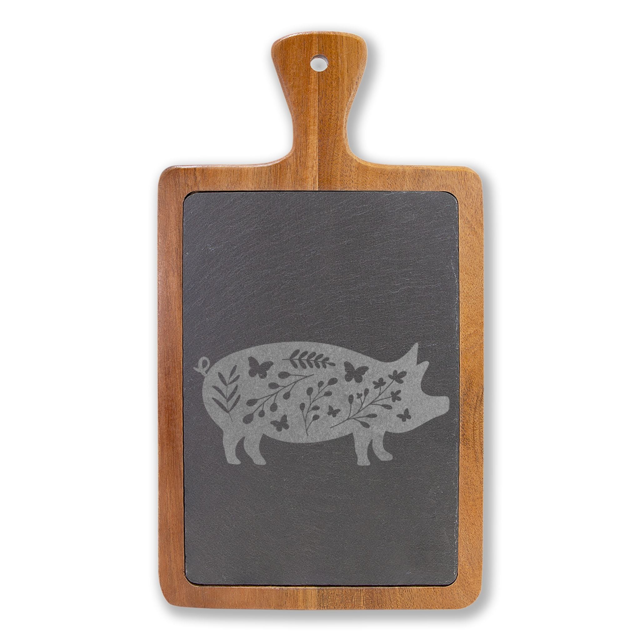 Floral Pig Engraved Charcuterie Board Set | Farmhouse Slate Cheese Board with Knives | Rustic Farm Kitchen Serving Board | Homestead Pig Lover Gift