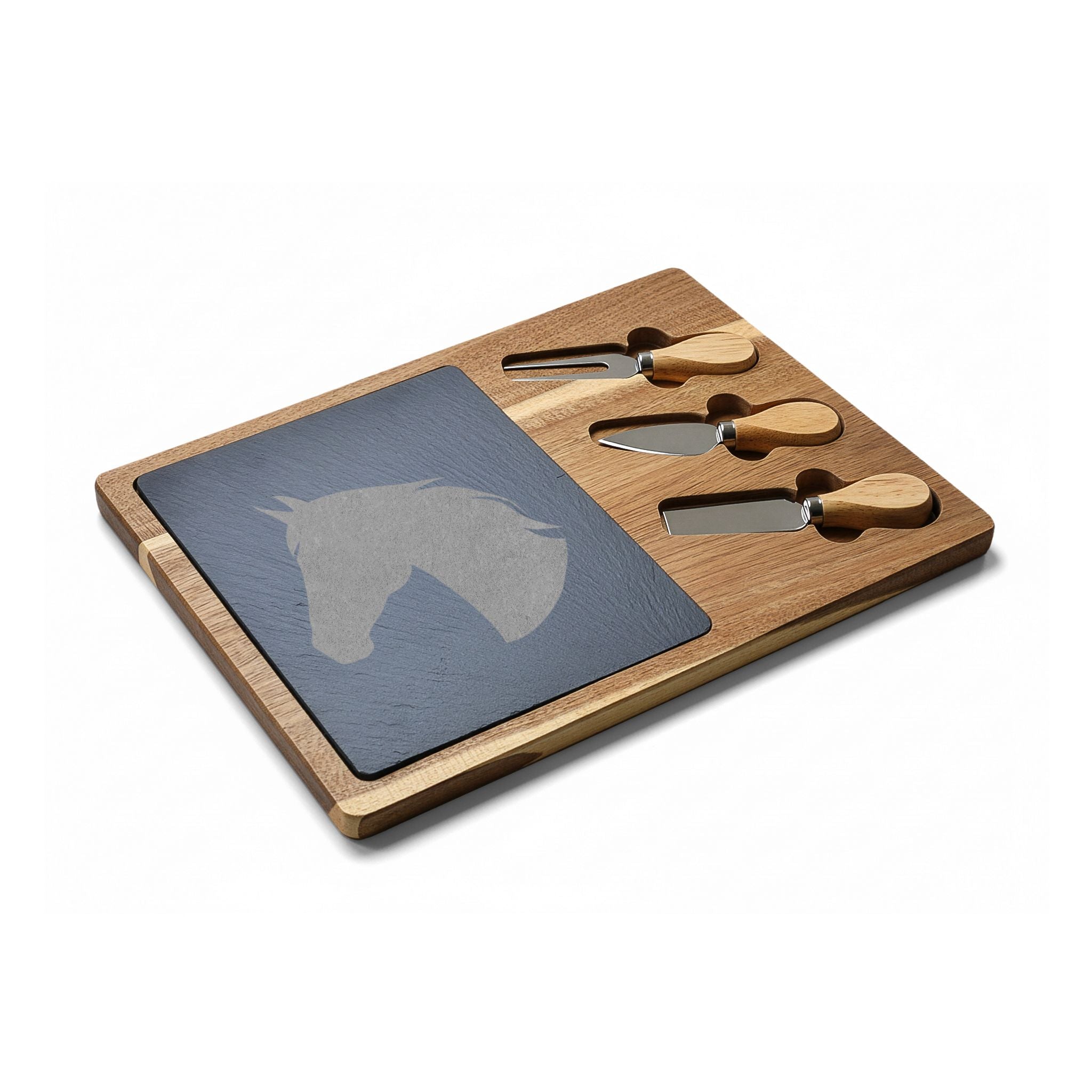 Horse Engraved Charcuterie Board Set | Slate Cheese Board with Knives | Farmhouse Equestrian Serving Board | Rustic Ranch Kitchen Gift