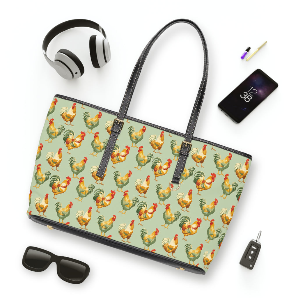Sage Chicken Print PU Leather Shoulder Bag – Farmhouse Chicken Tote, Cute Hen Pattern Purse, Farm Life Handbag, Backyard Chicken Lover Bag