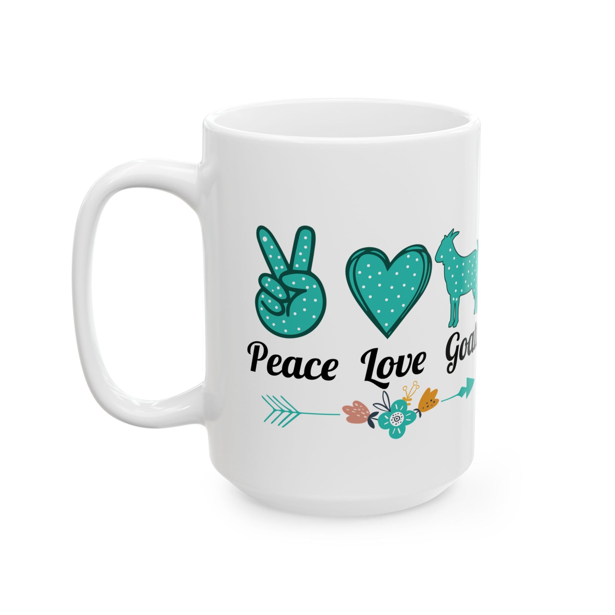 Peace Love Goats Ceramic Mug – Farm Homestead Coffee Cup, Goat Lover Gift, Sustainable Living Mug (11oz, 15oz)