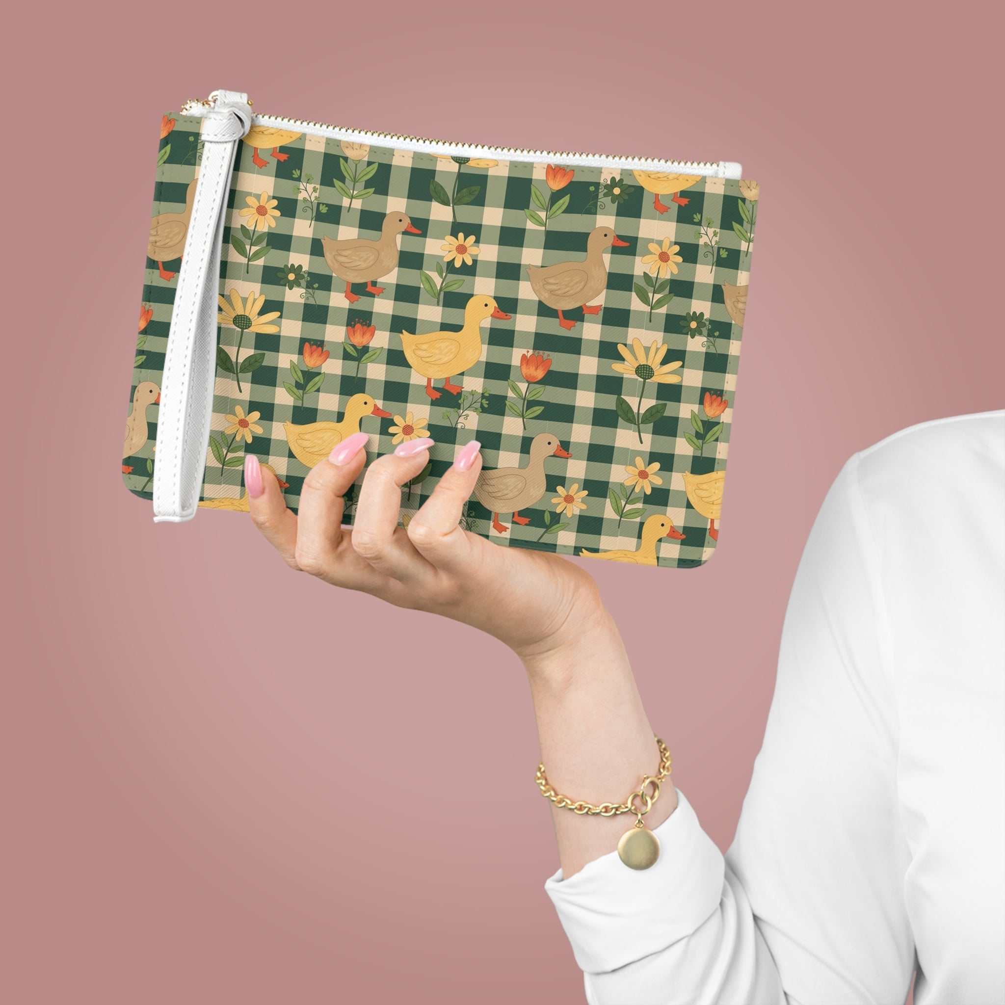 Gingham Goose Clutch Bag | Cottagecore Farmhouse Wristlet Purse | Goose Pattern Makeup Bag | Country Farm Animal Zipper Pouch | Homestead Gift