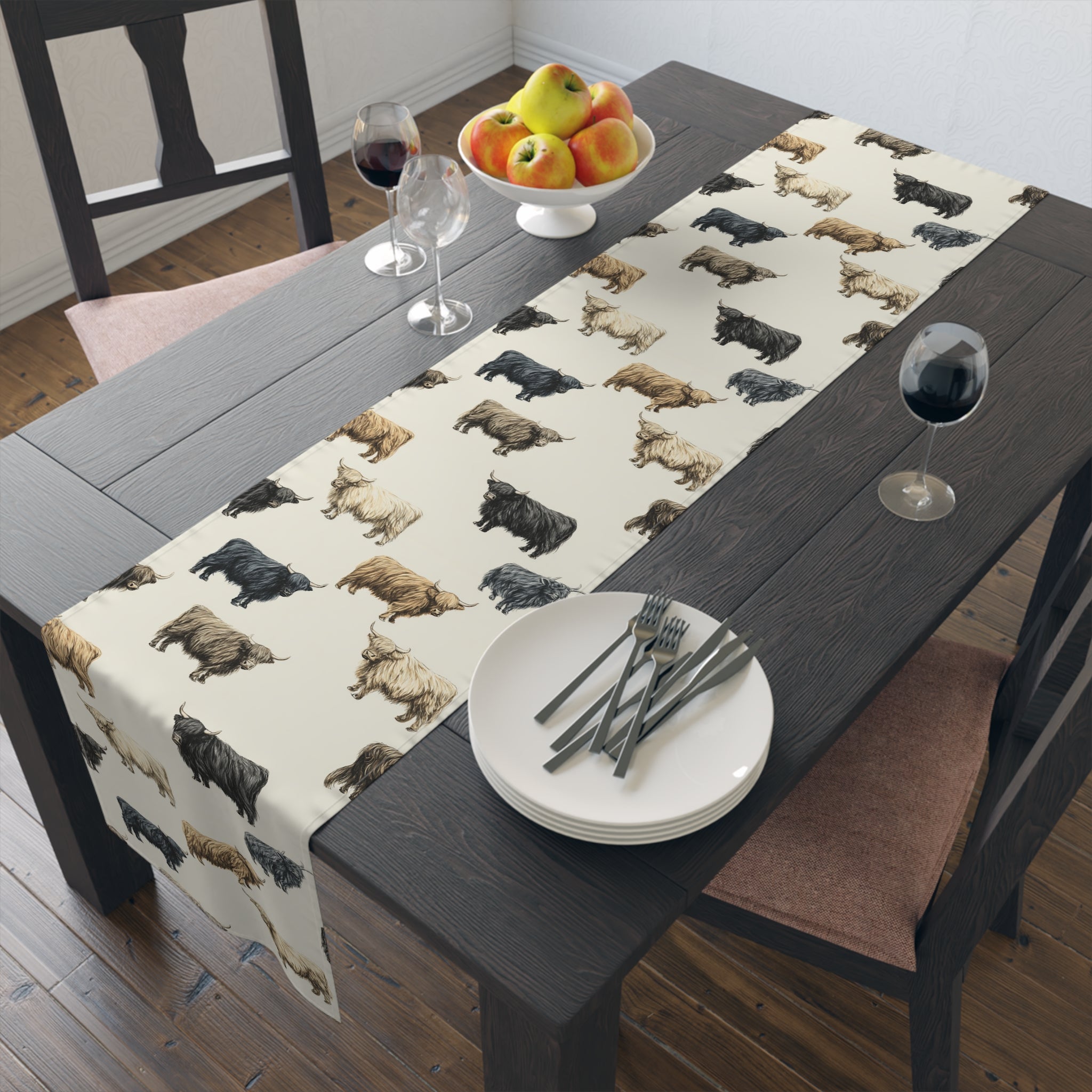 Highland Cow Farmhouse Table Runner | Rustic Farm Cattle Kitchen Decor | Country Cottagecore Dining Table Linen | Homestead Cow Table Decor