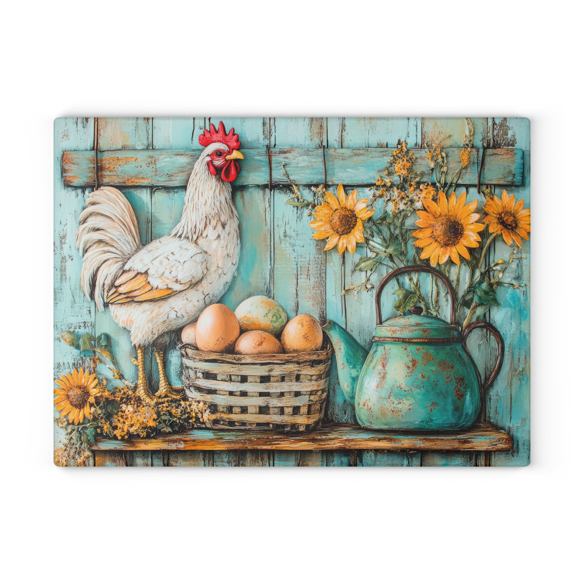 White Rooster Glass Cutting Board | Rustic Farmhouse Chicken Kitchen Decor | Sunflower Tempered Glass Cutting Board | Gumpert Homestead
