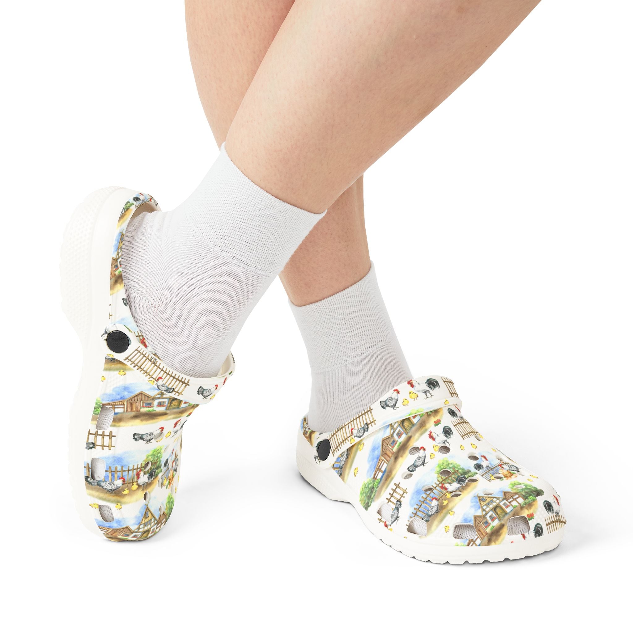 Chicken Farm Family Print EVA Clogs – Farm Life Chicken Shoes, Backyard Chicken Slip-On, Homestead Comfort Clogs