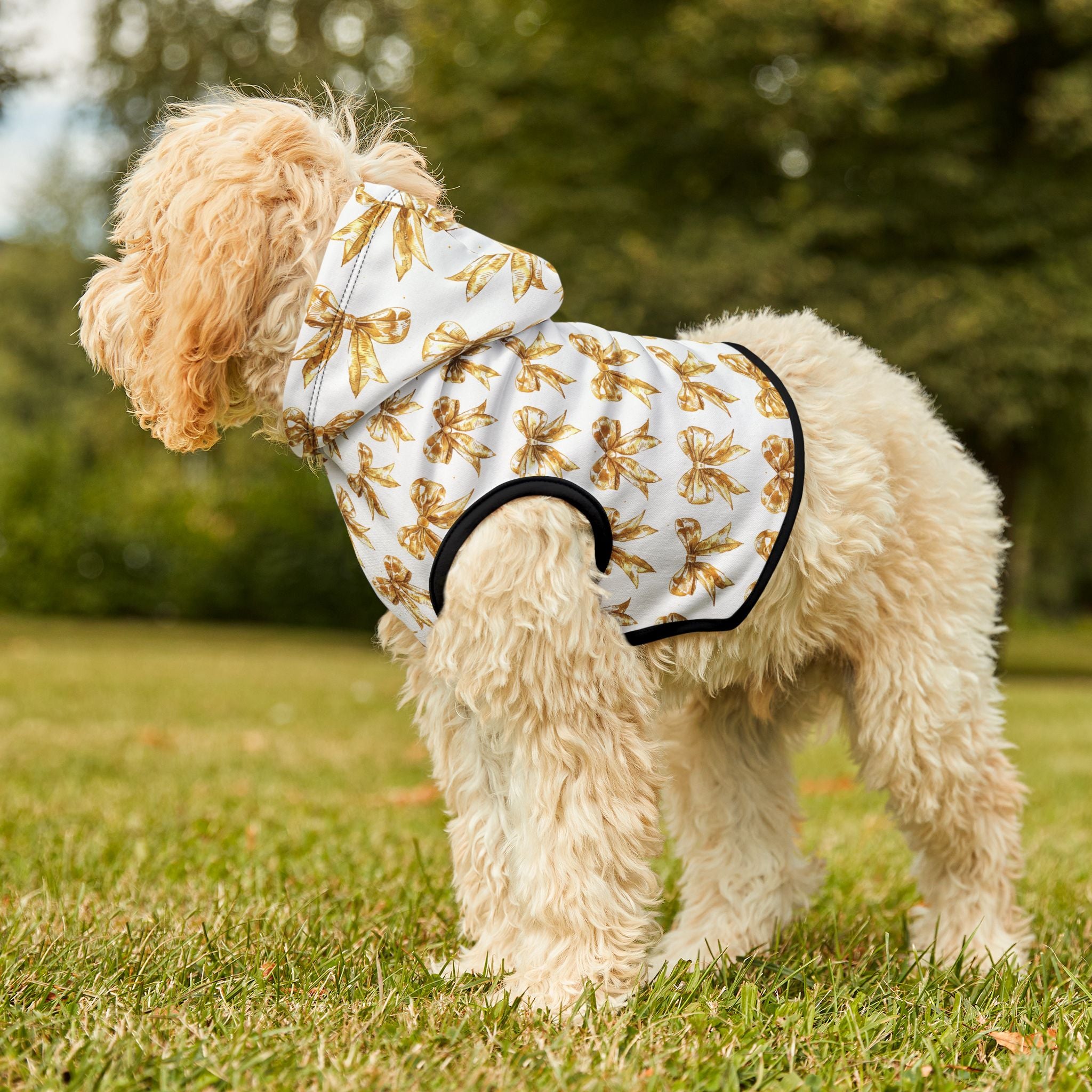 Gold Coquette Bows Cute Pet Hoodie - Adorable Puppy Sweater, Small Dog Outfit, Furry Friend Gift, Pet Apparel, Animal Lover Present
