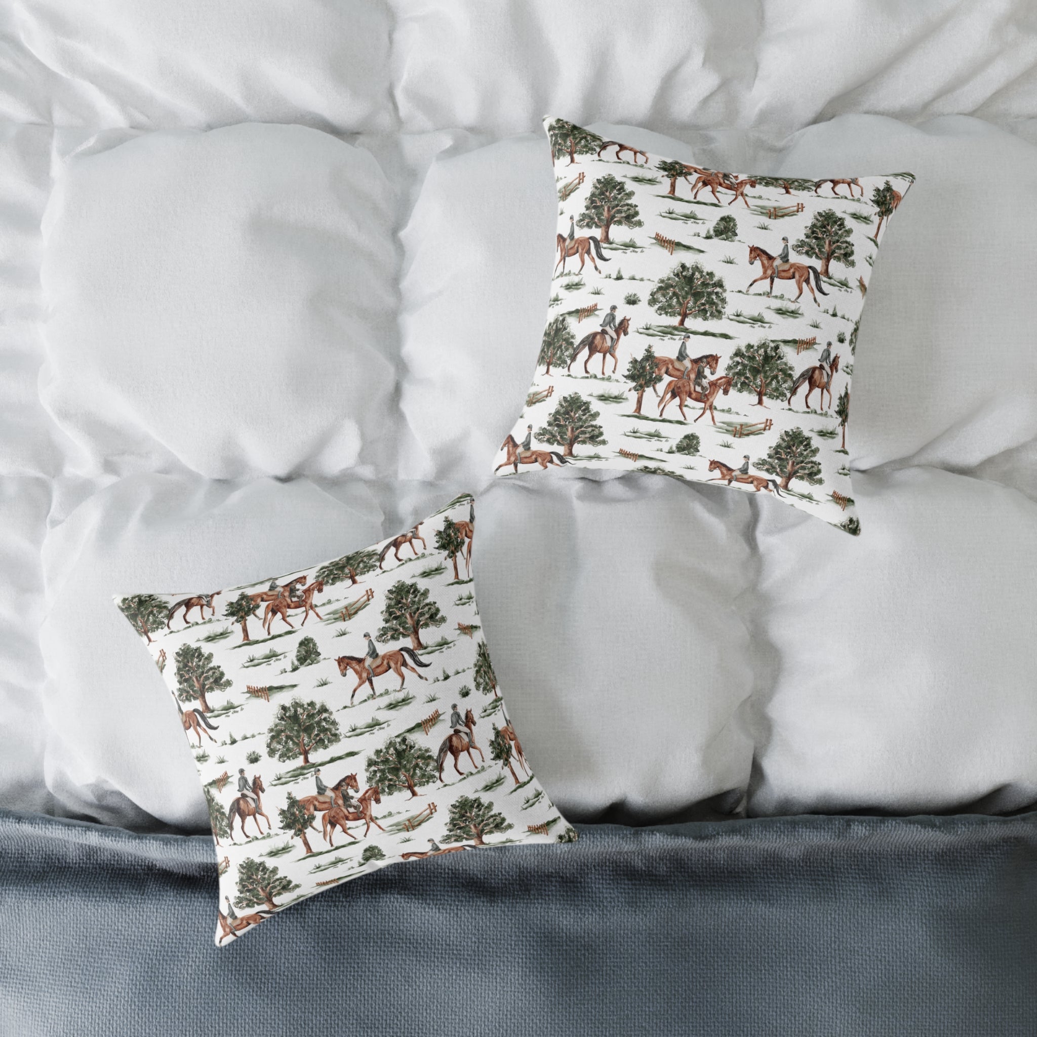Equestrian Toile Throw Pillow | Farmhouse Horse Accent Pillow | Rustic Riding Scene Decor Cushion | Cottagecore Horse Home Decor | Gumpert Homestead