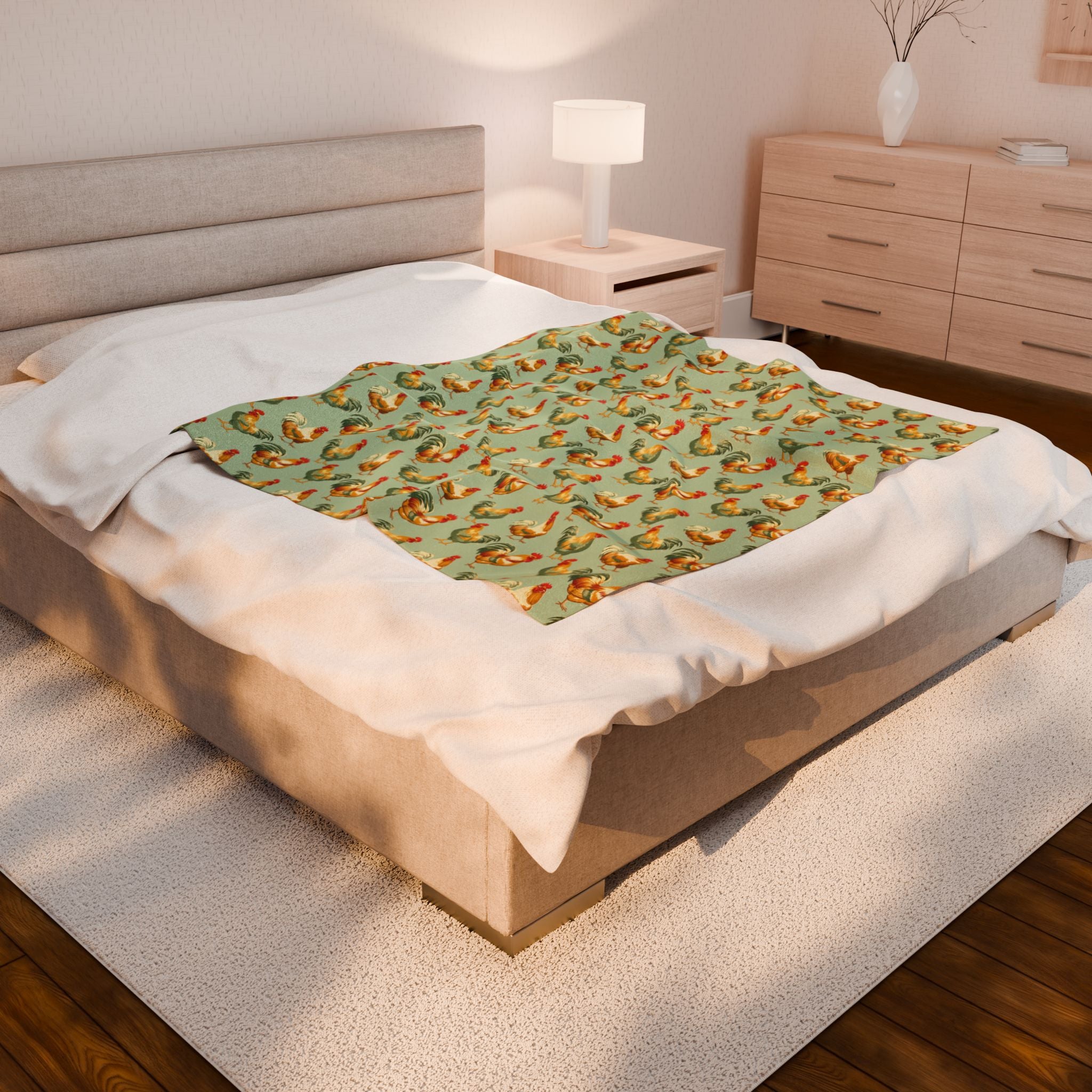 Sage Roosters Velveteen Plush Blanket Vintage Chicken Farmhouse Throw, Cozy Cottagecore Country Home Decor