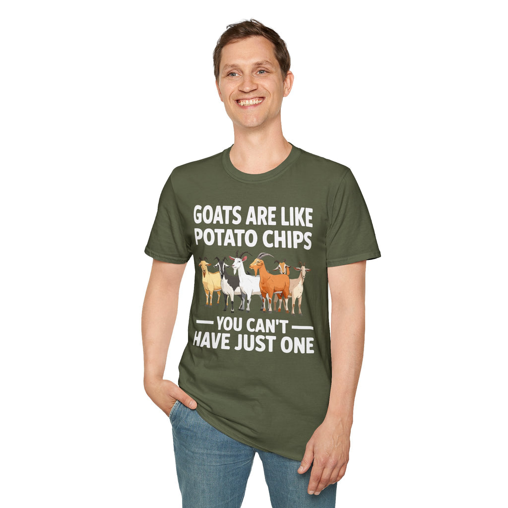 “Goats Are Like Potato Chips – You Can’t Have Just One” Funny Goat Lover Unisex T-Shirt | Farm Life Goat Tee