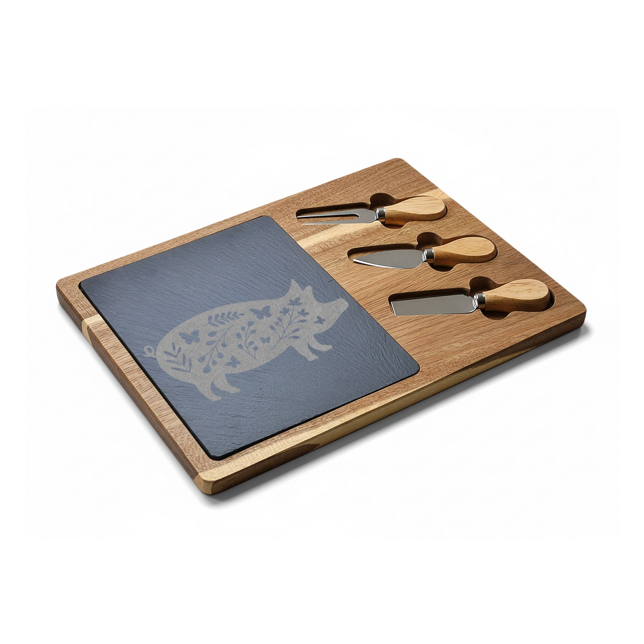 Floral Pig Engraved Charcuterie Board Set | Farmhouse Slate Cheese Board with Knives | Rustic Farm Kitchen Serving Board | Homestead Pig Lover Gift