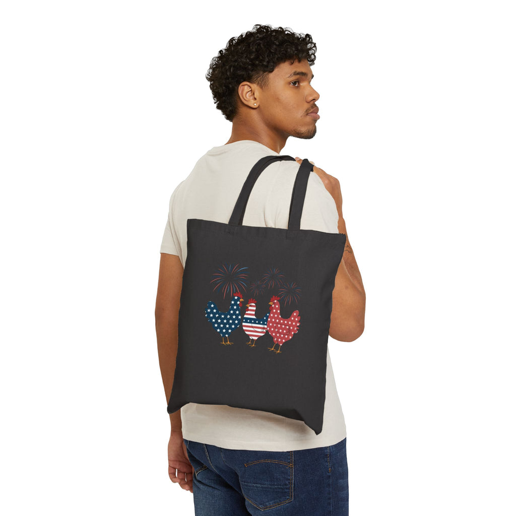 Patriotic Chicken Tote Bag – Red White Blue Farm Hen Canvas Bag, Fourth of July Chicken Market Tote, Farmhouse Country Reusable Shopping Bag, Homestead Farm Gift