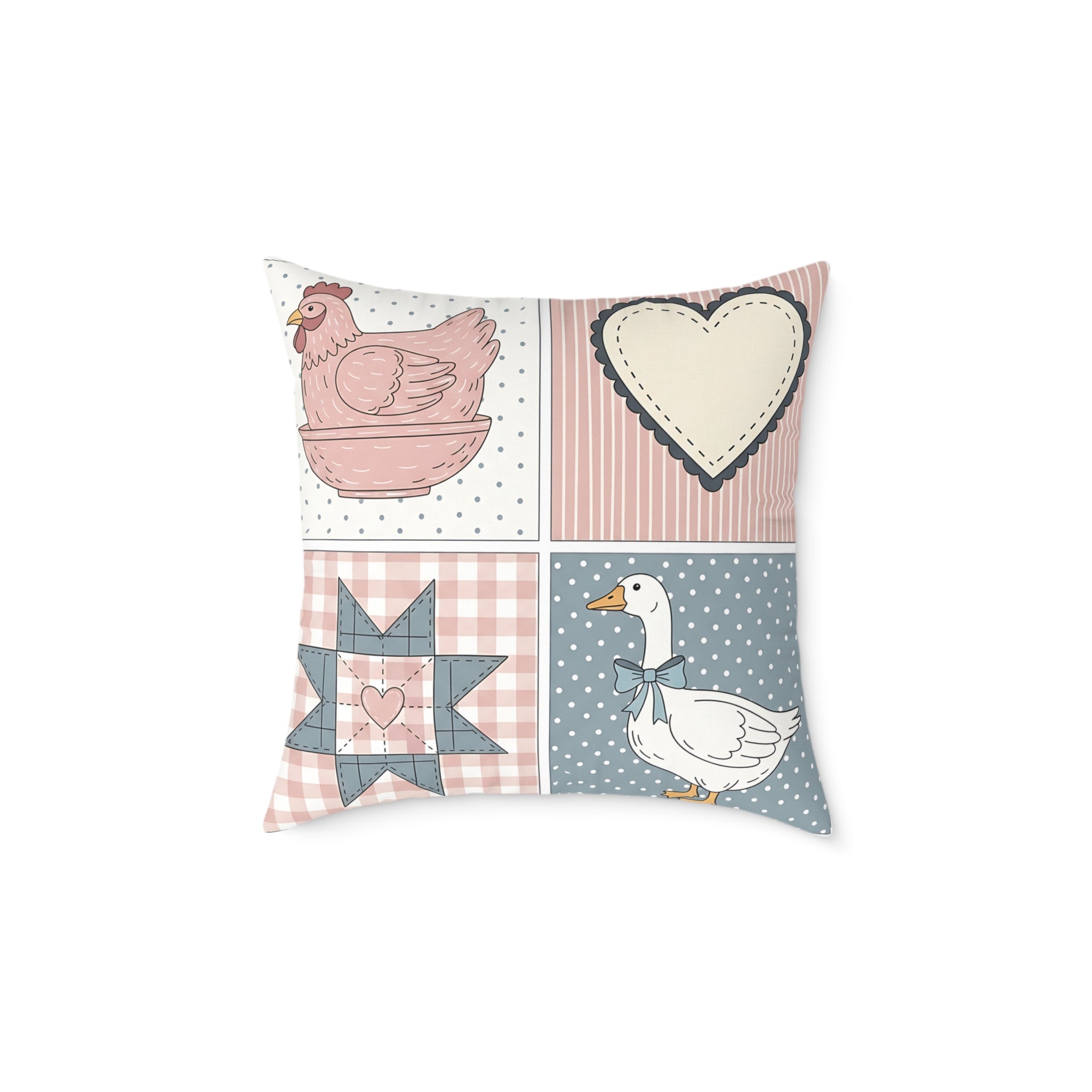 Cottagecore Farm Animal Patchwork Throw Pillow – Chicken & Goose Farmhouse Decor Cushion, Quilted Country Home Accent Pillow