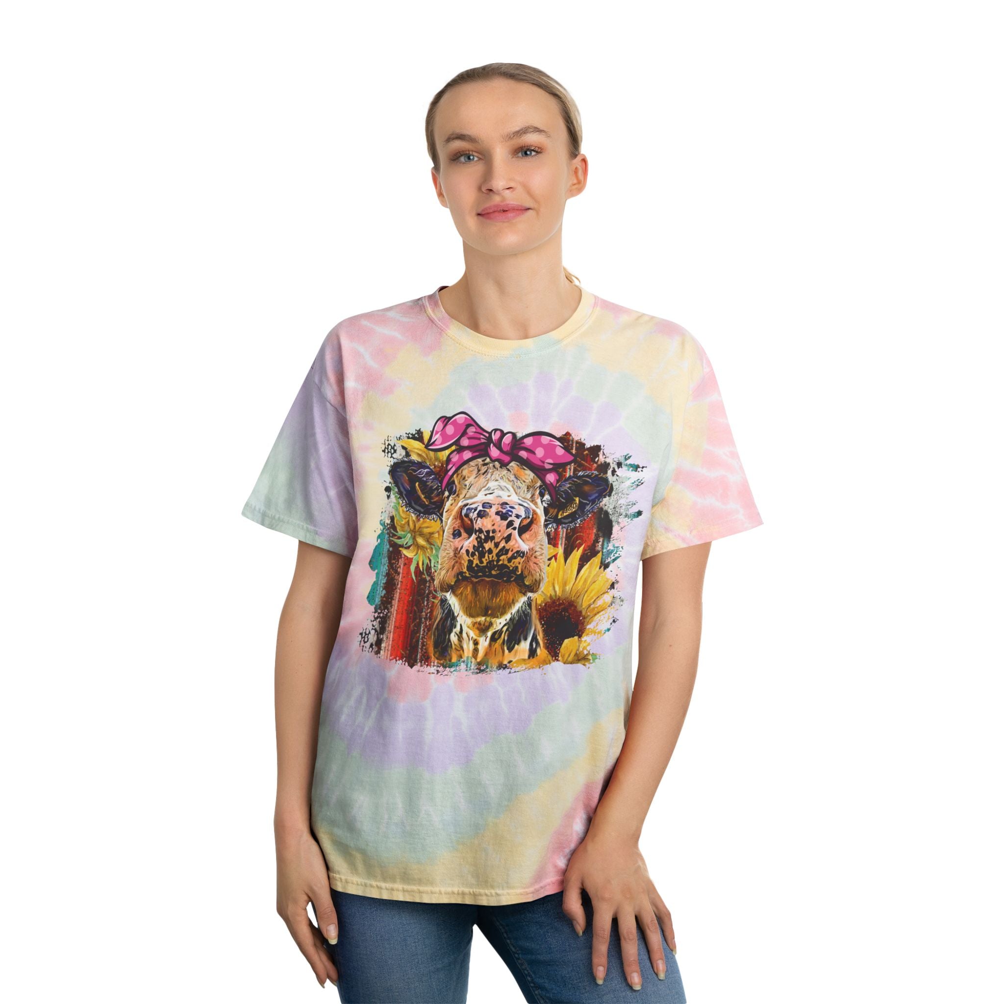 Floral Highland Cow Tie-Dye T-Shirt – Boho Farm Cow Tee, Sunflower Cowgirl Shirt, Cottagecore Farm Life Apparel