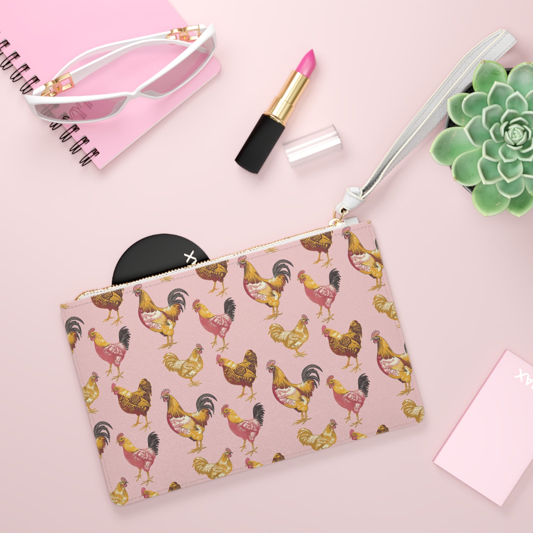 Pink Chicken Print Clutch Bag | Cottagecore Farmhouse Wristlet Purse | Vintage Hen Makeup Bag | Country Chicken Zipper Pouch | Homestead Gift
