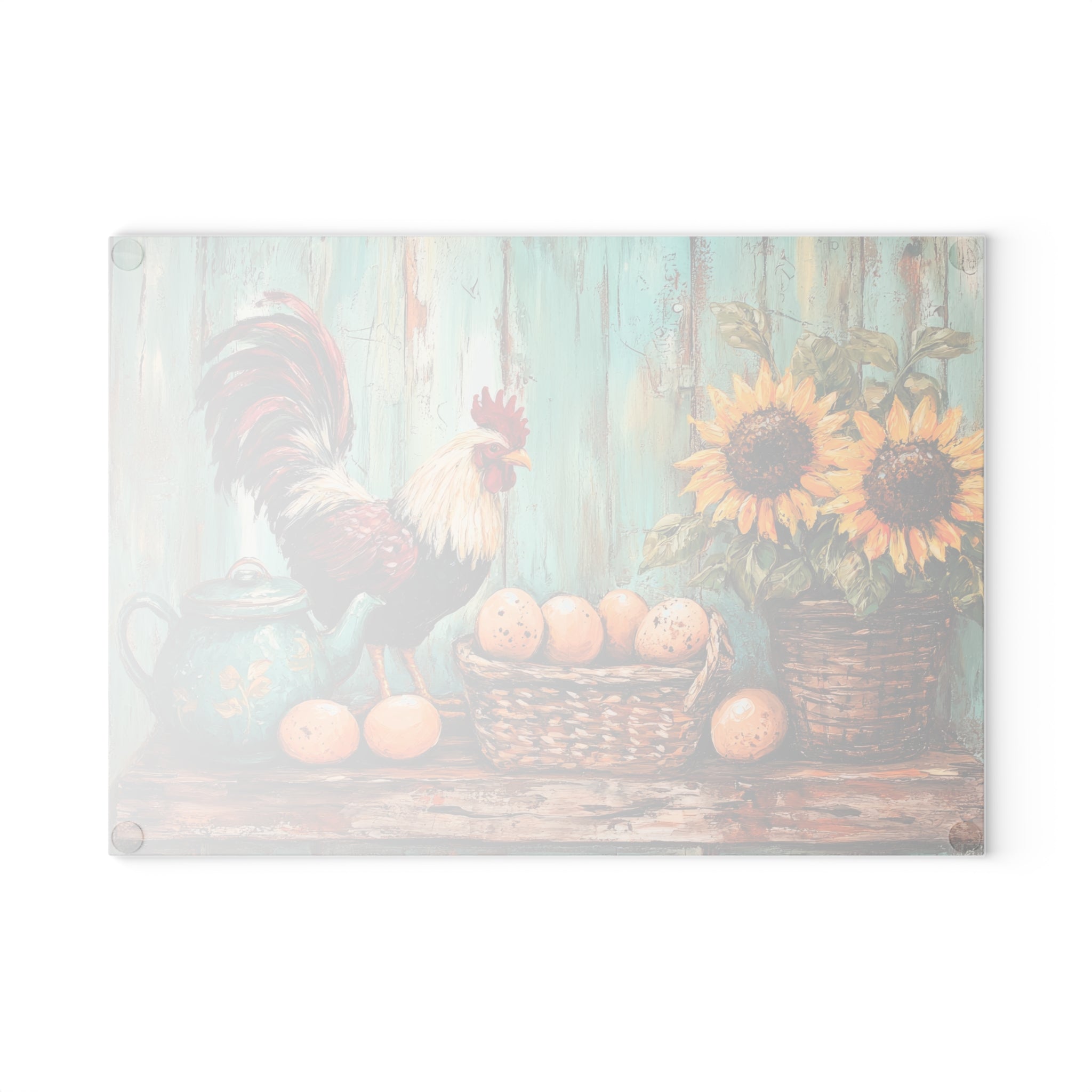 Vintage Rooster Glass Cutting Board | Rustic Farmhouse Chicken Kitchen Decor | Sunflower & Egg Tempered Glass Cutting Board | Gumpert Homestead