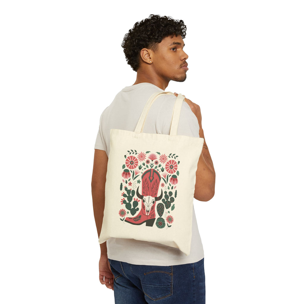 Western Floral Cowboy Boot Tote Bag | Cow Skull Canvas Tote | Boho Western Market Bag | Rustic Cowgirl Tote | Farmhouse Tote Bag | Gumpert Homestead