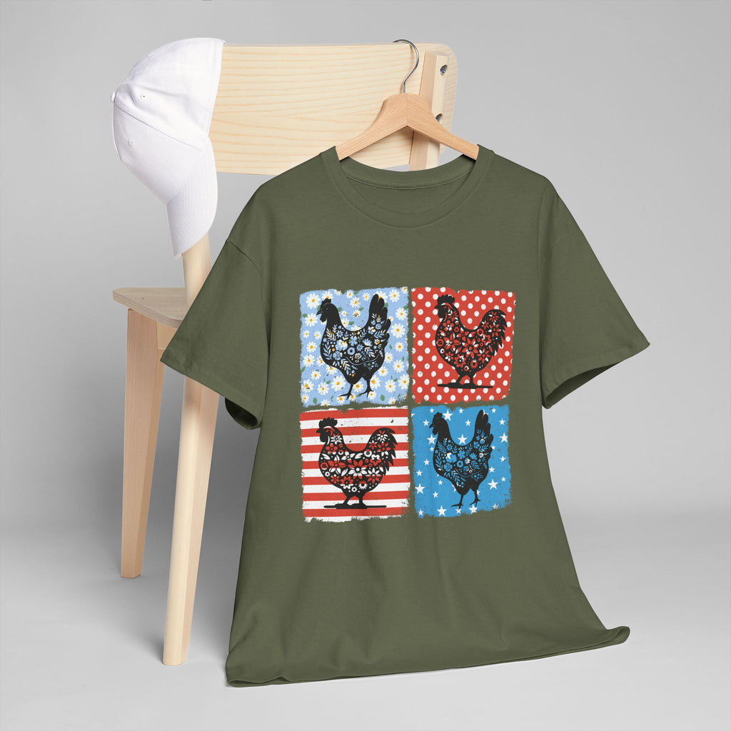 Patchwork Chicken Farm T-Shirt | Farmhouse Hen Graphic Tee | Patriotic Chicken Shirt | Country Homestead Apparel | Backyard Chicken Lover Gift