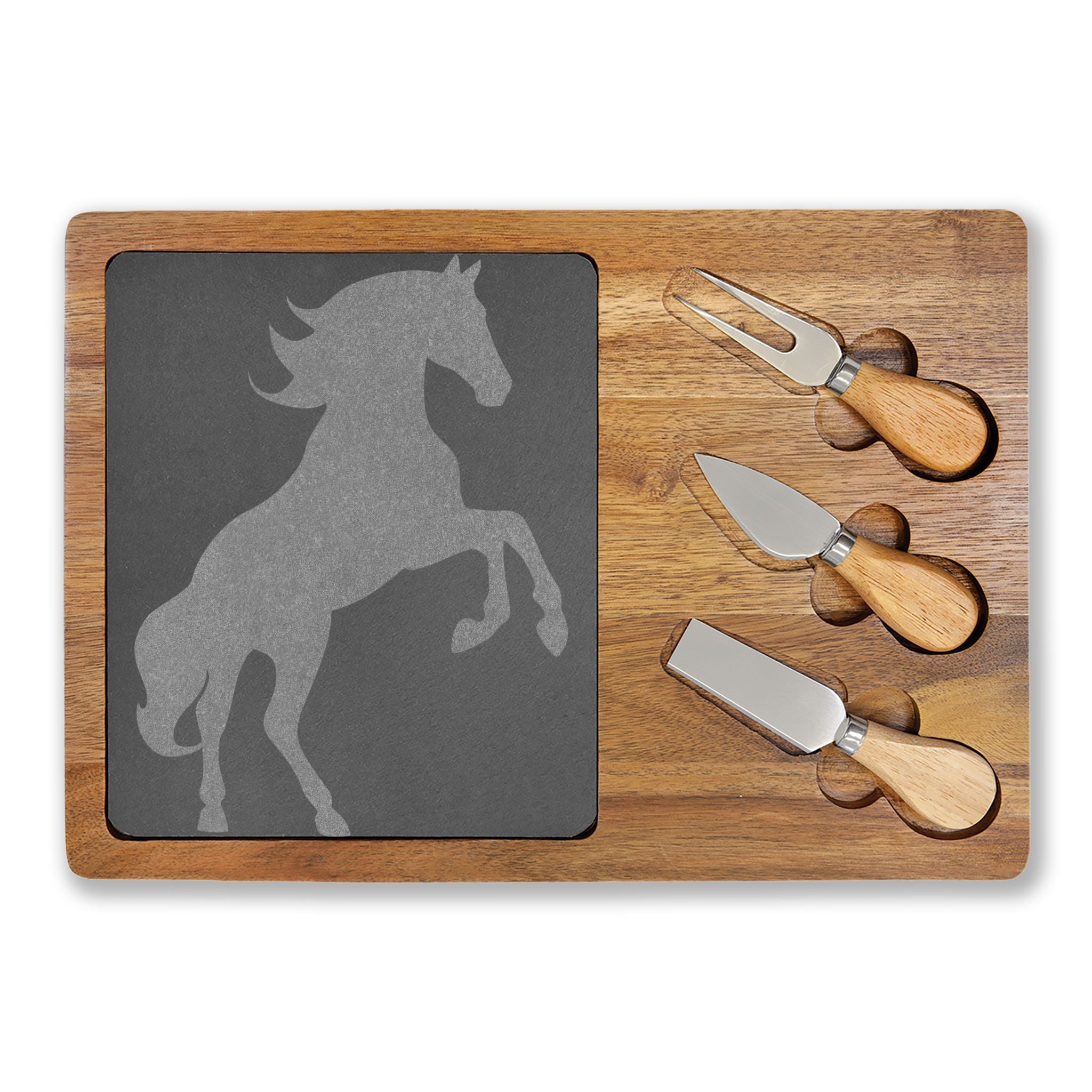 Horse Engraved Charcuterie Board Set | Slate Cheese Board with Knives | Farmhouse Equestrian Serving Board | Rustic Ranch Kitchen Gift