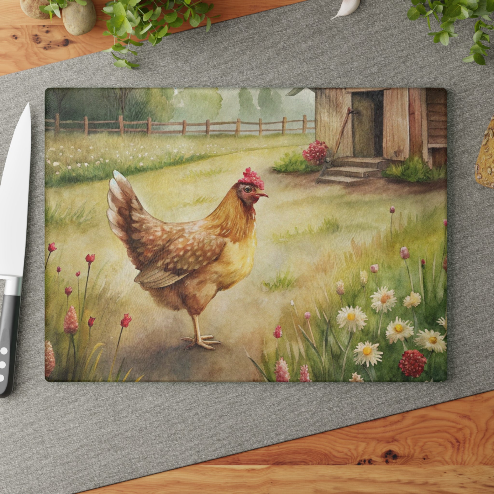 Farmhouse Chicken Glass Cutting Board | Rustic Hen Kitchen Decor | Watercolor Chicken Tempered Glass Cutting Board | Gumpert Homestead