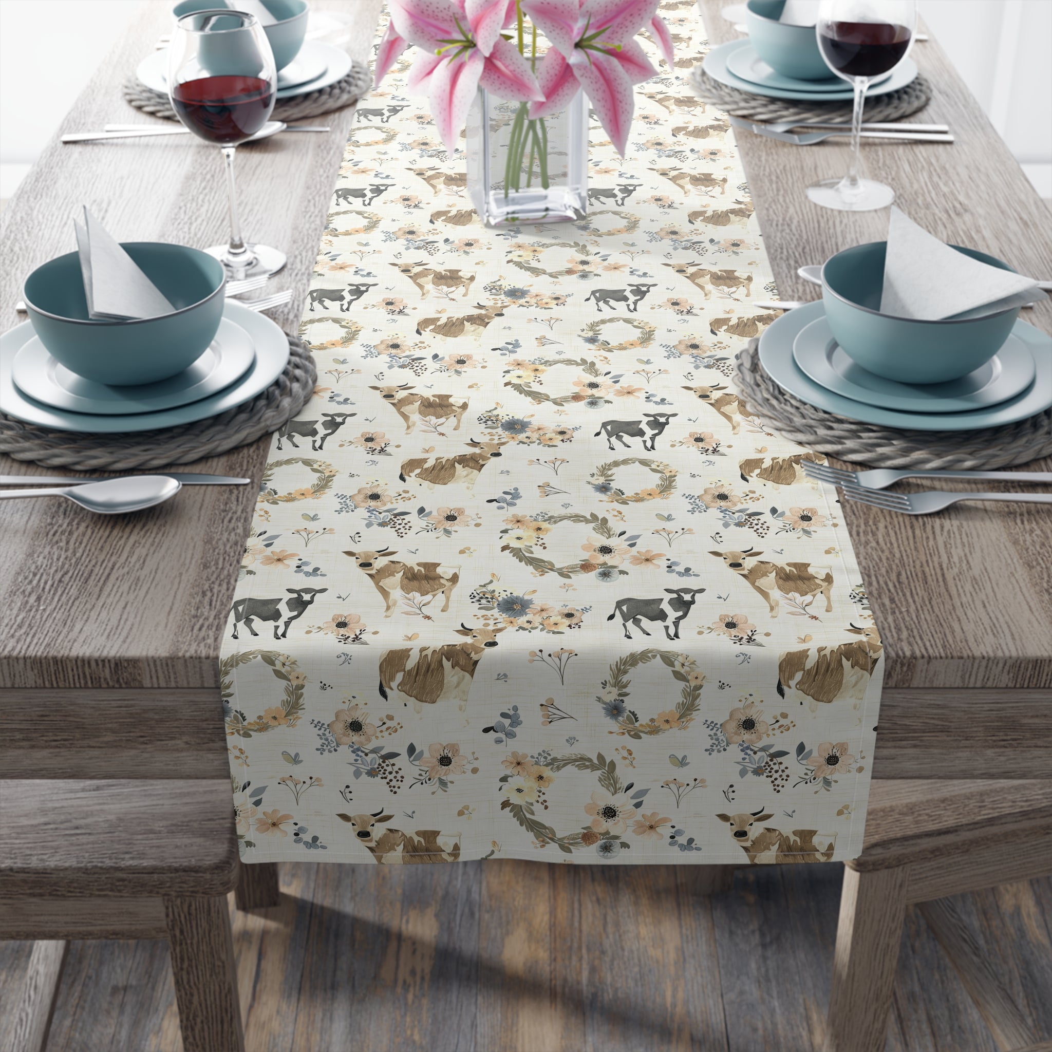 Floral Cow Farmhouse Table Runner | Cottagecore Country Dining Table Decor | Rustic Farm Animal Table Linen | Homestead Kitchen Runner