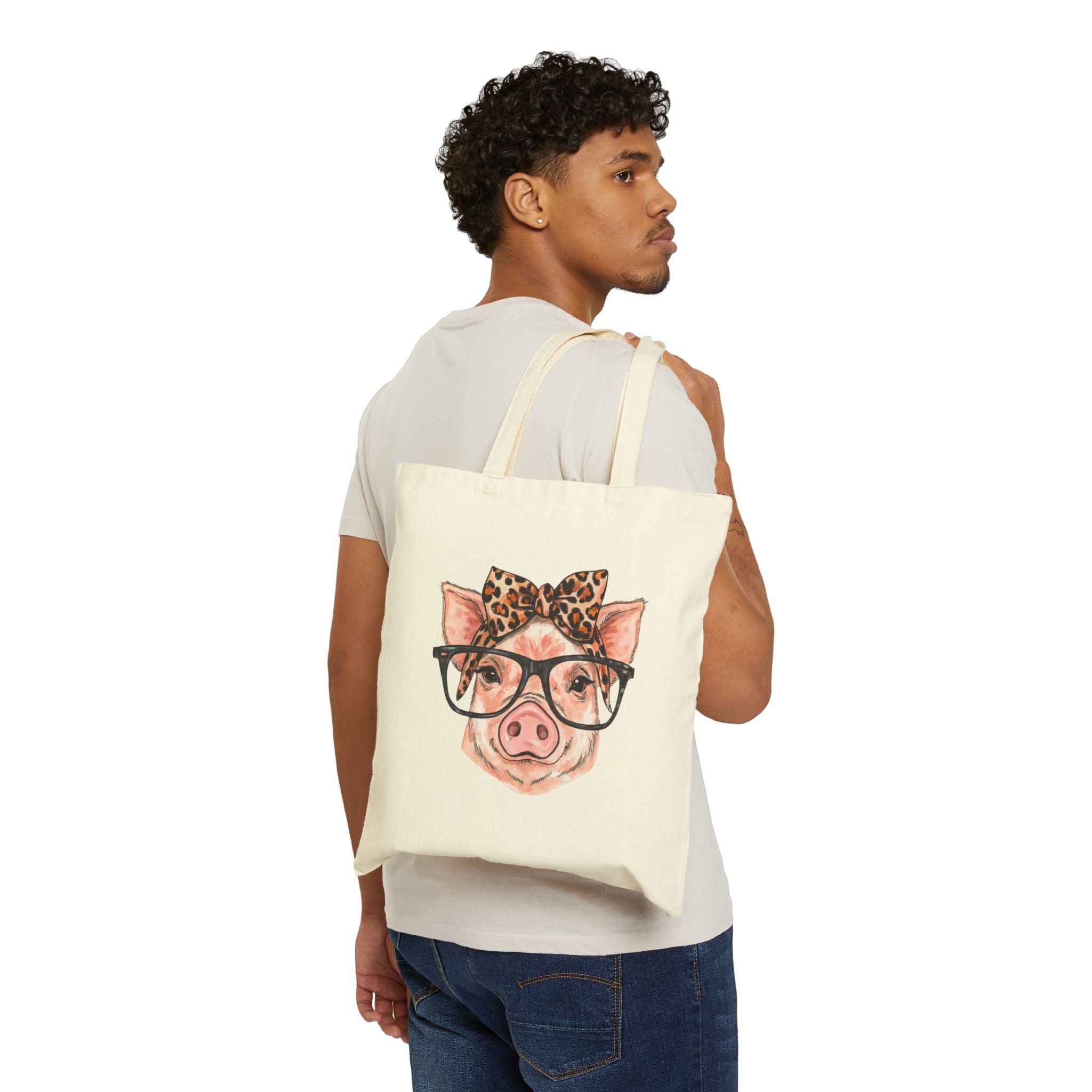 Cute Pig Tote Bag with Glasses & Bow – Pig Lover Canvas Bag, Farm Life Market Tote, Pig Mom Shopping Bag, Homestead Reusable Grocery Bag, Farm Animal Tote