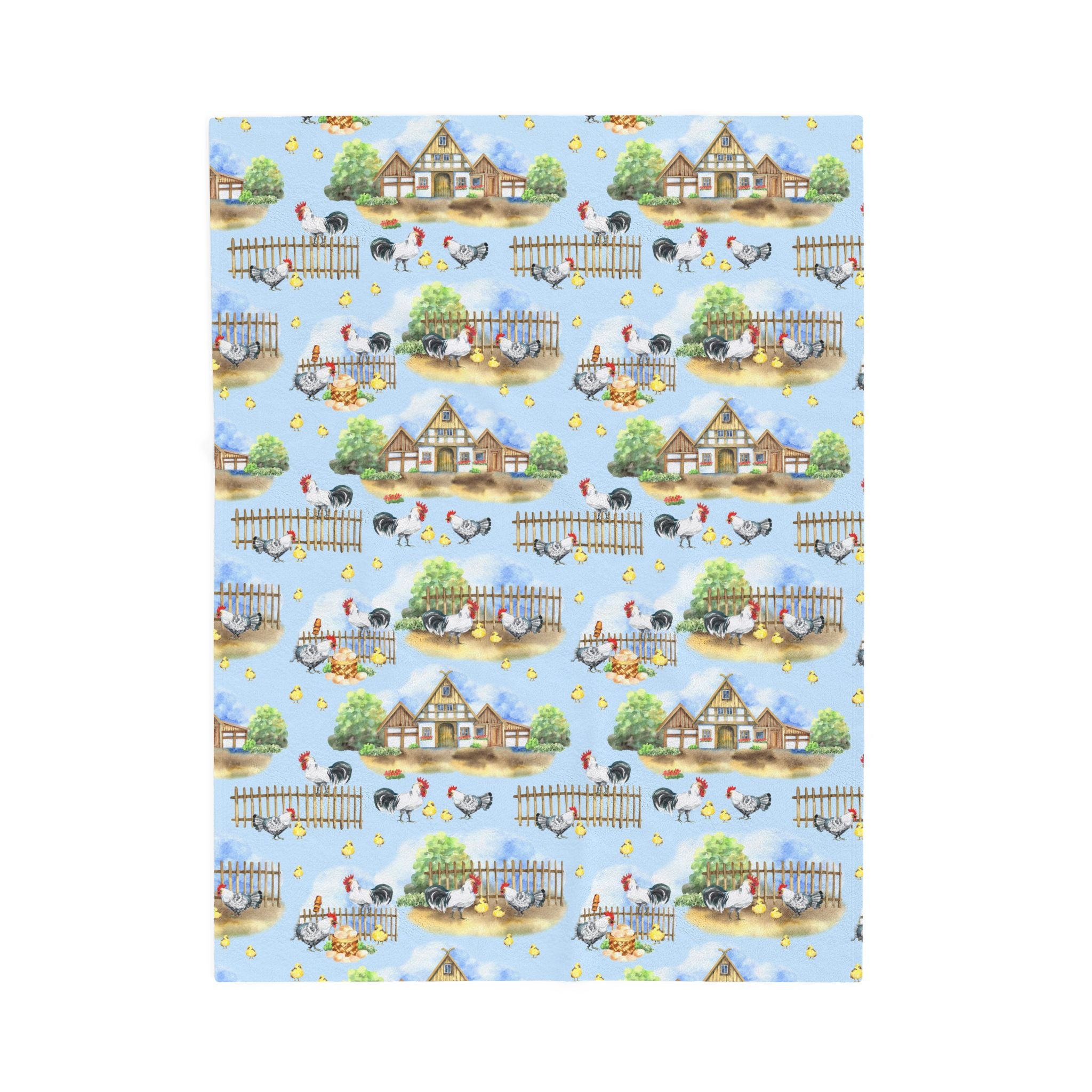 Farm Scene Velveteen Plush Blanket – Cozy Cottagecore Village Throw, Country Homestead Farmhouse Home Decor