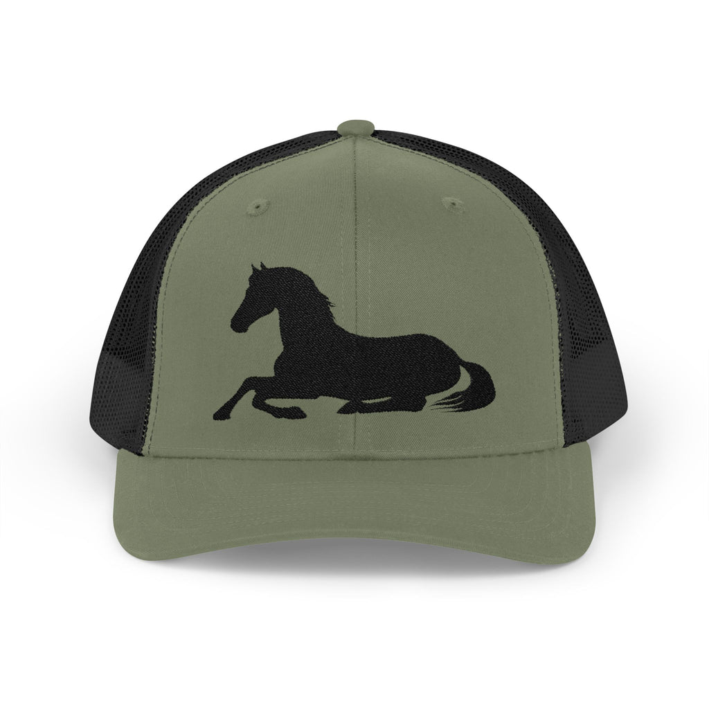 Resting Horse Trucker Hat | Laying Horse Silhouette Mesh Snapback Cap | Western Ranch Horse Lover Hat | Rustic Farm Life Cowboy Cowgirl Cap