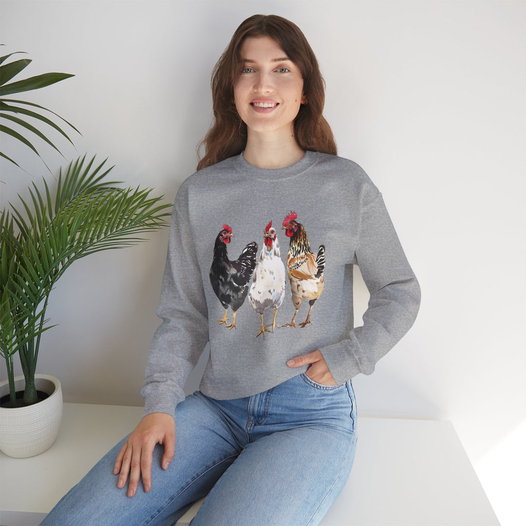 Chicken Flock Sweatshirt – Farmhouse Hen Lineup Crewneck, Cozy Homestead Chicken Mom Pullover, Unisex Gildan 18000