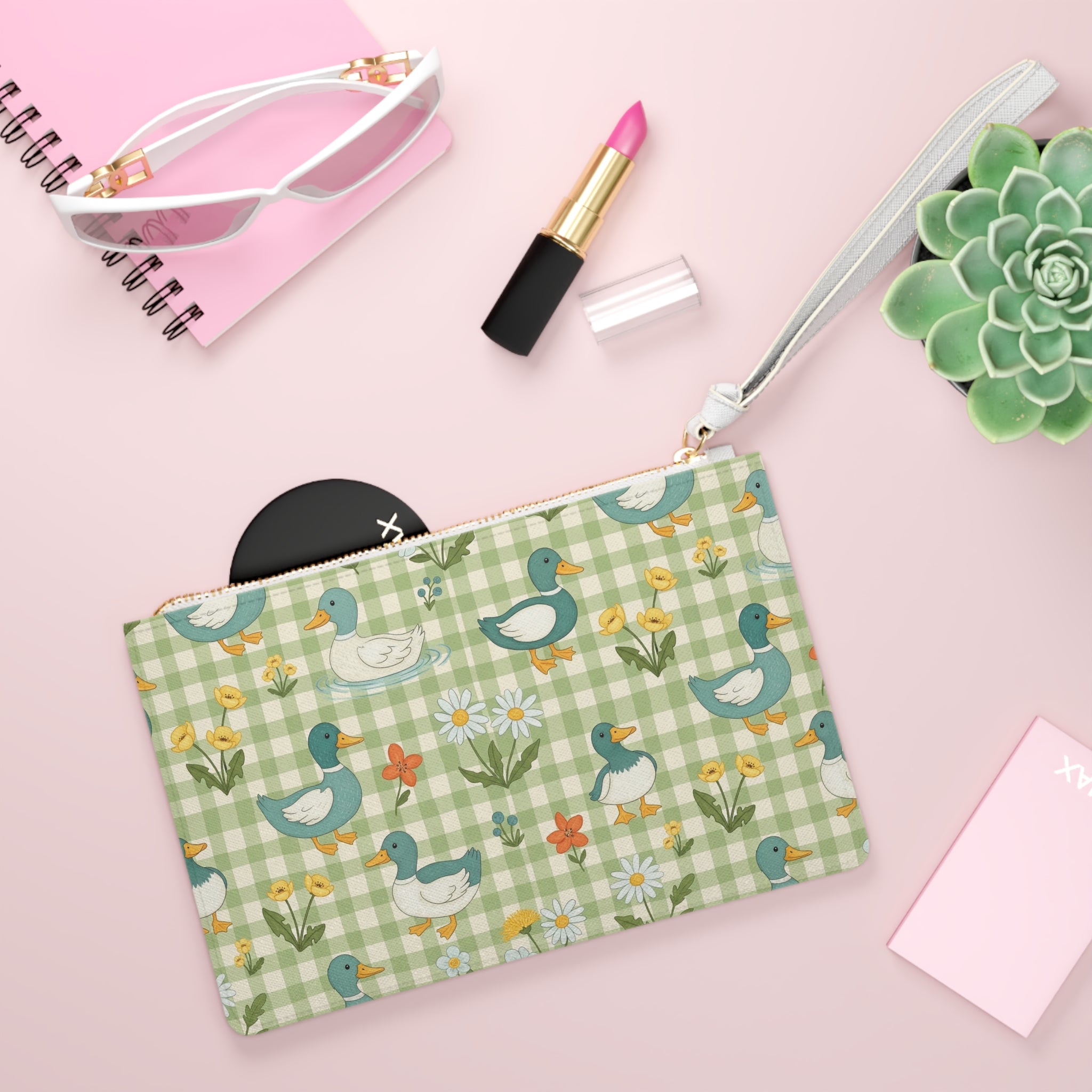Gingham Goose Clutch Bag | Cottagecore Farmhouse Wristlet Purse | Goose Pattern Makeup Bag | Country Farm Animal Zipper Pouch | Homestead Gift