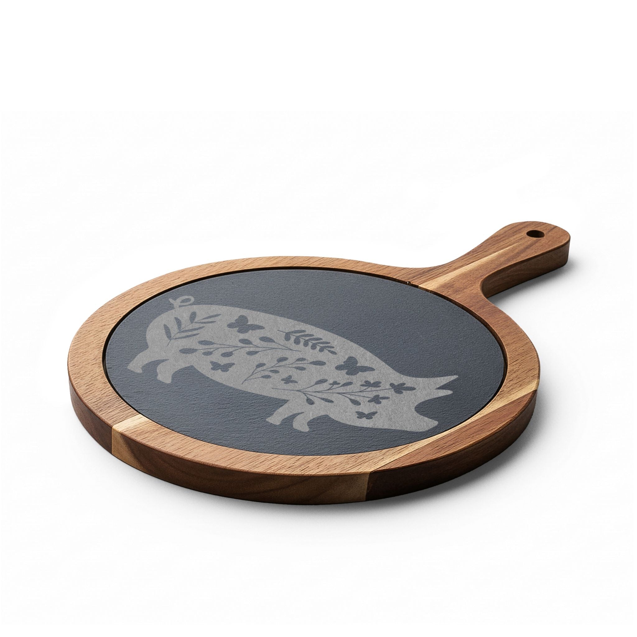 Floral Pig Engraved Charcuterie Board Set | Farmhouse Slate Cheese Board with Knives | Rustic Farm Kitchen Serving Board | Homestead Pig Lover Gift