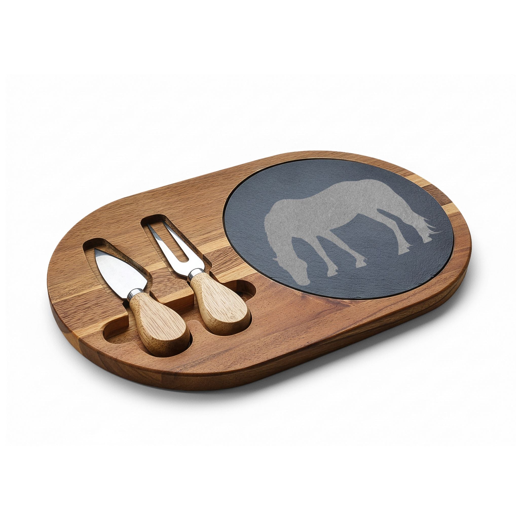 Horse Engraved Charcuterie Board Set | Slate Cheese Board with Knives | Farmhouse Equestrian Serving Board | Rustic Ranch Kitchen Gift