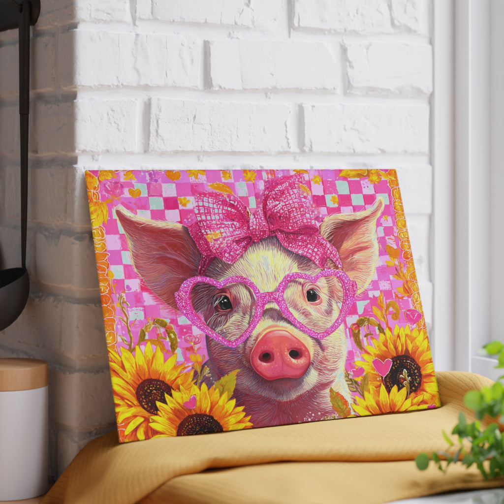 Cute Pink Floral Pig Glass Cutting Board – Farmhouse Sunflower Pig Kitchen Decor, Country Farm Animal Cutting Board, Rustic Homestead Gift