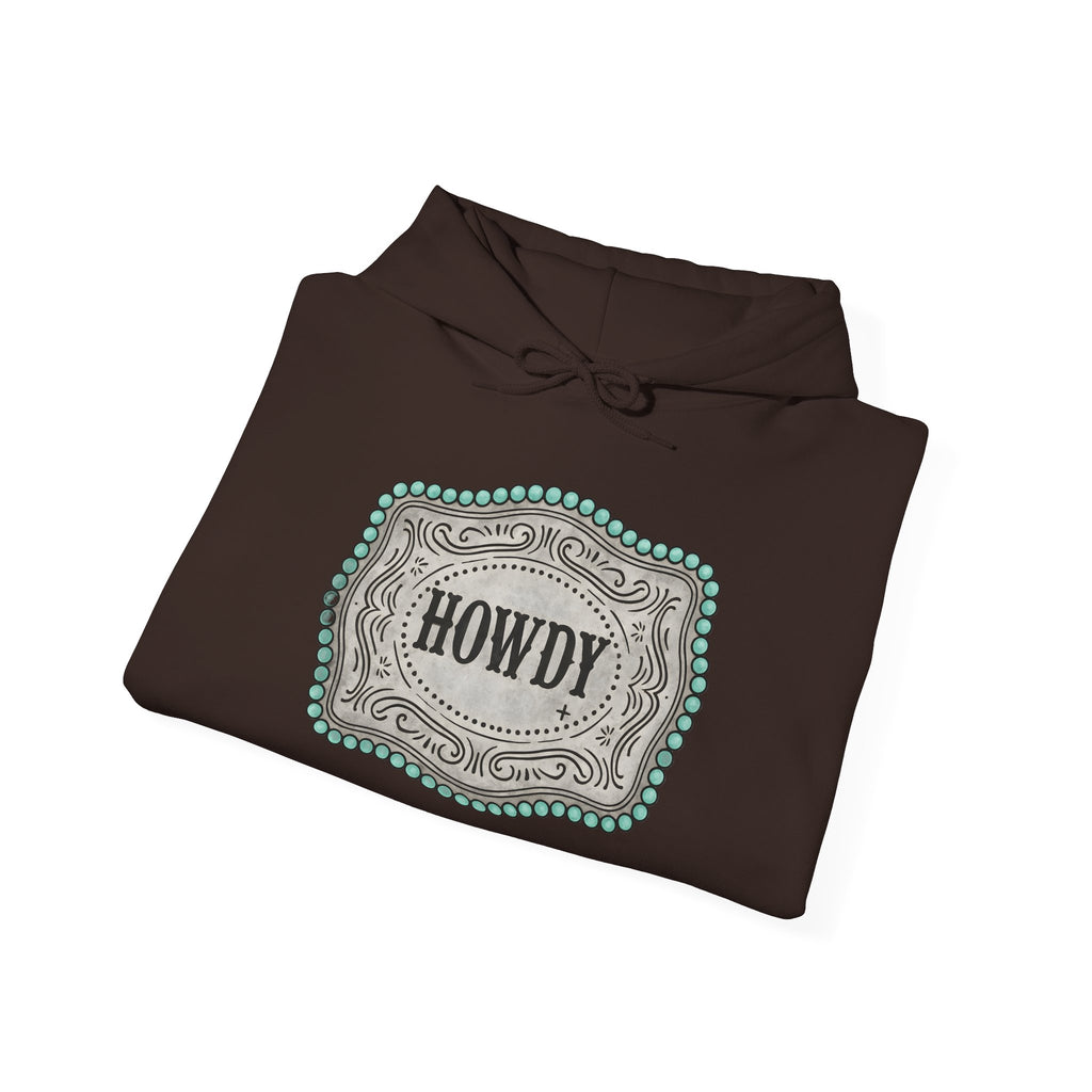 Howdy Turquoise Beaded Rodeo Belt Buckle Hoodie – Unisex Farmhouse Western Sweatshirt | Country Homestead Apparel