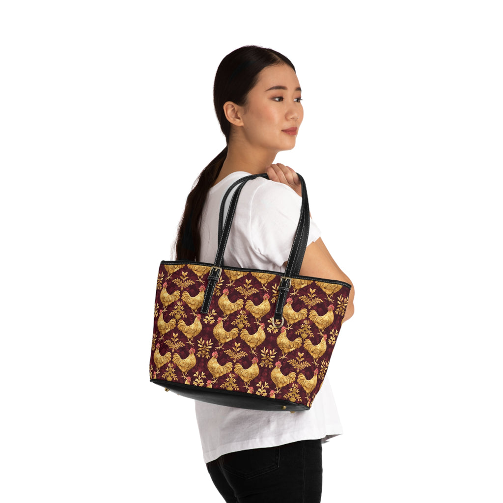 Burgundy & Gold Chicken Print Leather Shoulder Bag – Farmhouse Chicken Tote, Cute Hen Pattern Purse, Farm Life Handbag, Backyard Chicken Lover Bag