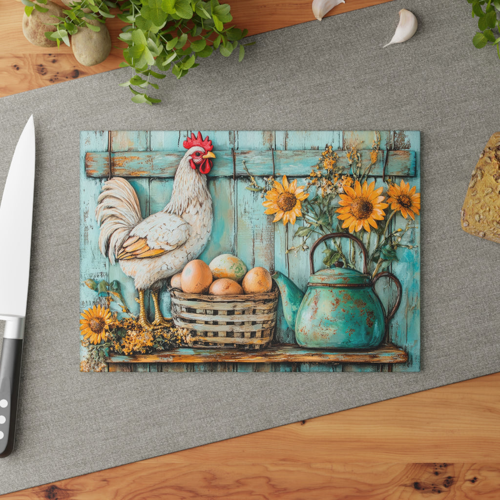 White Rooster Glass Cutting Board | Rustic Farmhouse Chicken Kitchen Decor | Sunflower Tempered Glass Cutting Board | Gumpert Homestead