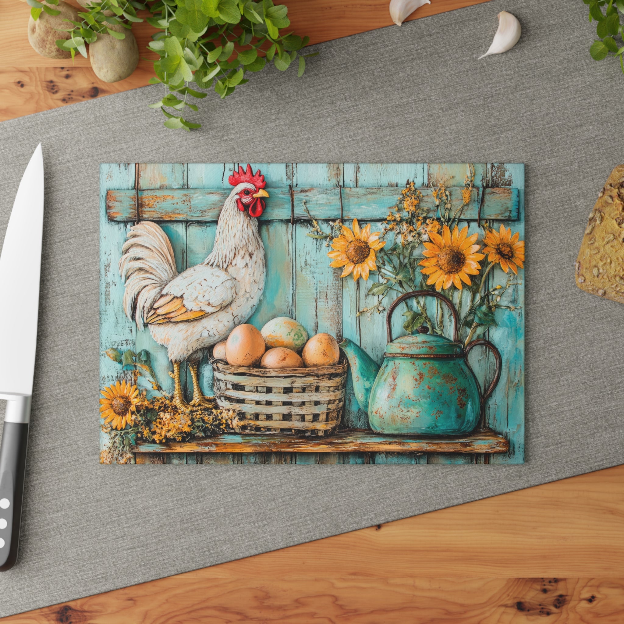 White Rooster Glass Cutting Board | Rustic Farmhouse Chicken Kitchen Decor | Sunflower Tempered Glass Cutting Board | Gumpert Homestead