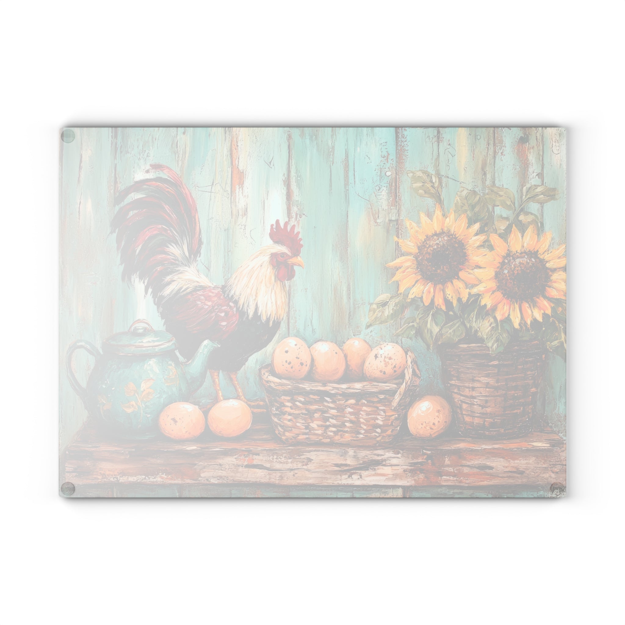 Vintage Rooster Glass Cutting Board | Rustic Farmhouse Chicken Kitchen Decor | Sunflower & Egg Tempered Glass Cutting Board | Gumpert Homestead