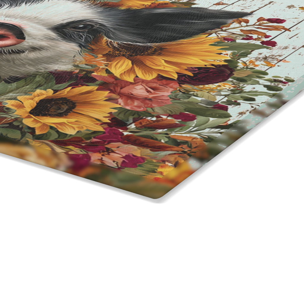 Sunflower Pig Glass Cutting Board – Rustic Farm Pig Kitchen Decor, Floral Farmhouse Cutting Board, Country Homestead Kitchen Gift